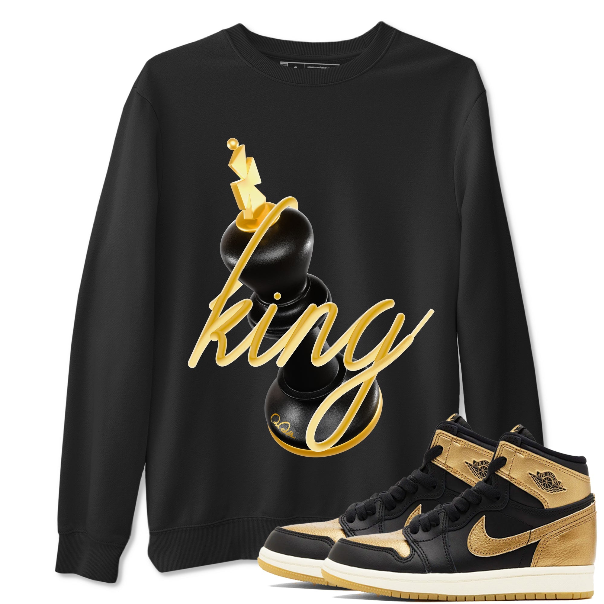 1s Black Metallic Gold shirts to match jordans 3D King sneaker match tees Air Jordan 1 Black Metallic Gold Drip Gear Zone streetwear brand Black 1 unisex cotton tee
