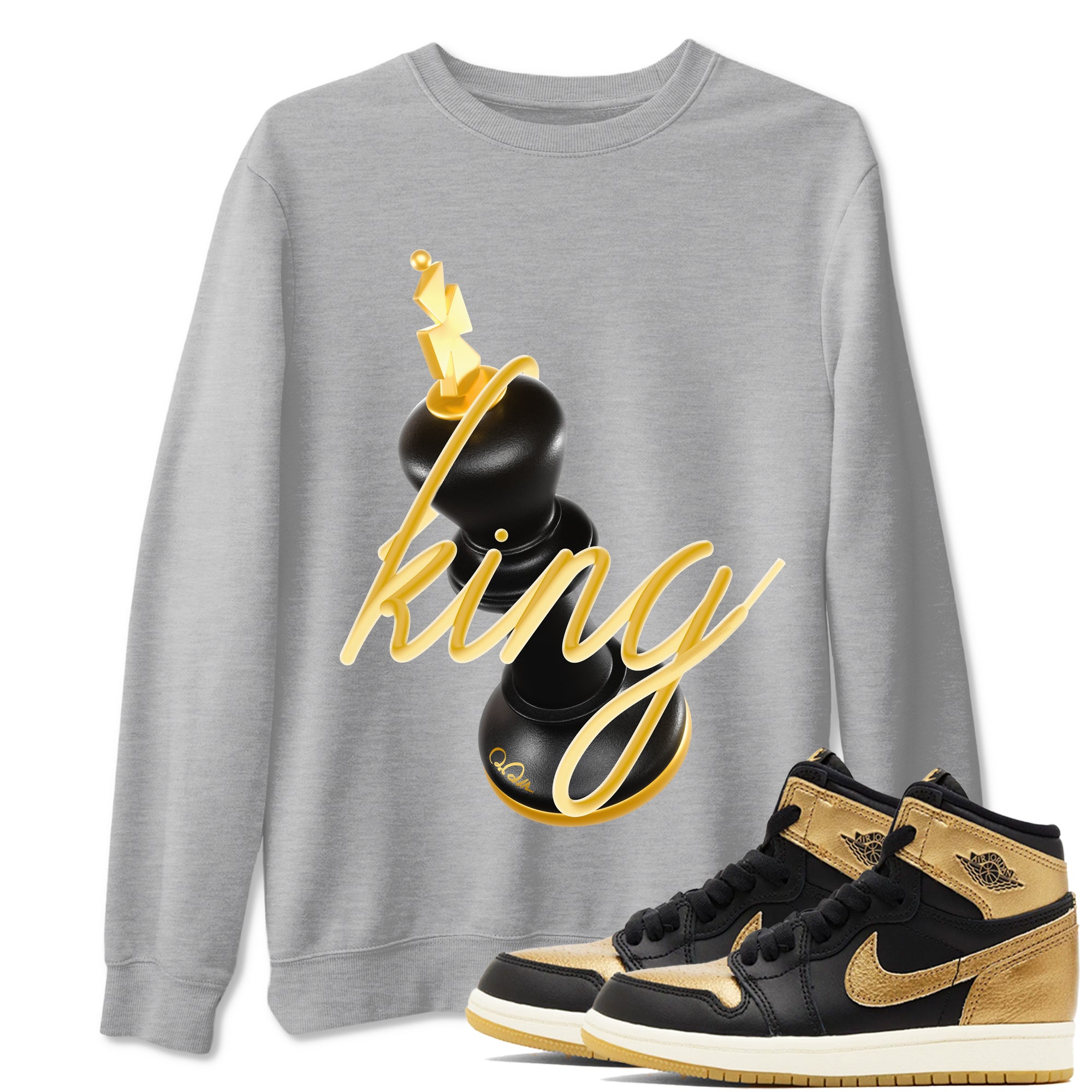 1s Black Metallic Gold shirts to match jordans 3D King sneaker match tees Air Jordan 1 Black Metallic Gold Drip Gear Zone streetwear brand Heather Grey 1 unisex cotton tee