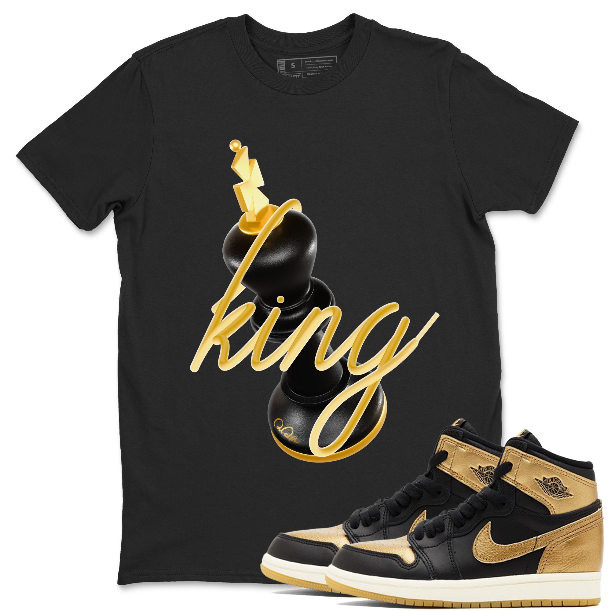 1s Black Metallic Gold shirts to match jordans 3D King sneaker match tees Air Jordan 1 Black Metallic Gold Drip Gear Zone streetwear brand Black 1 unisex cotton tee