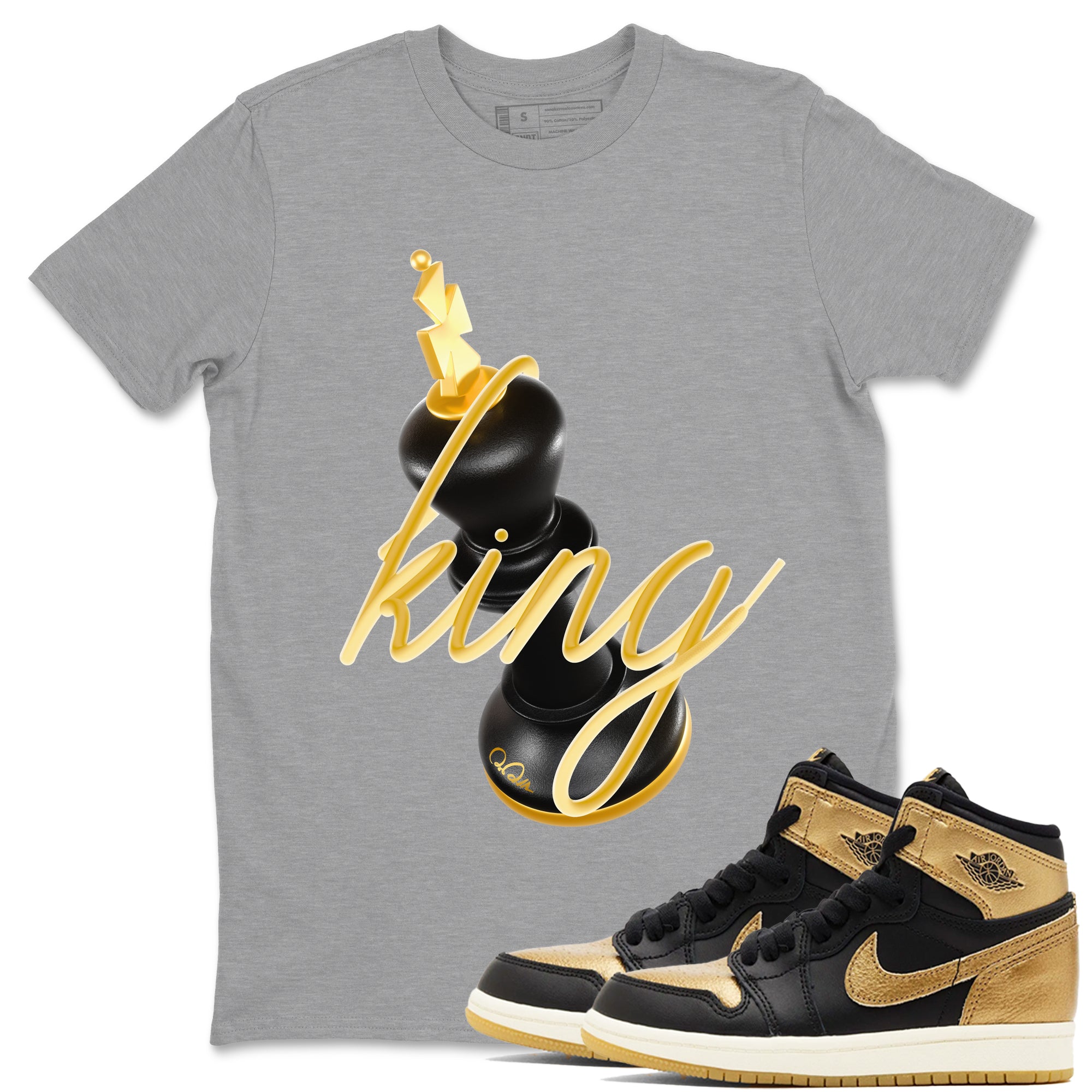 1s Black Metallic Gold shirts to match jordans 3D King sneaker match tees Air Jordan 1 Black Metallic Gold Drip Gear Zone streetwear brand Heather Grey 1 unisex cotton tee