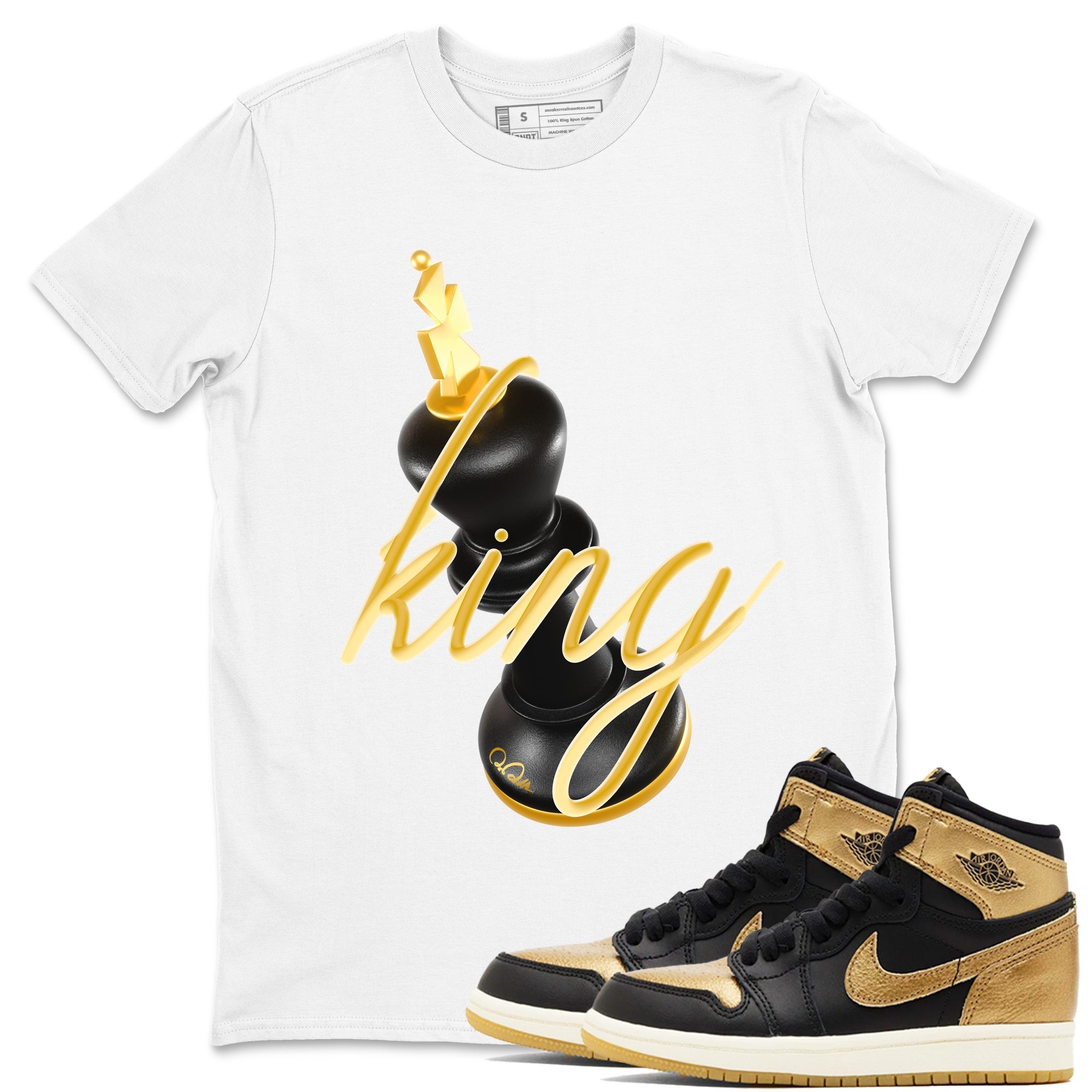1s Black Metallic Gold shirts to match jordans 3D King sneaker match tees Air Jordan 1 Black Metallic Gold Drip Gear Zone streetwear brand White 1 unisex cotton tee