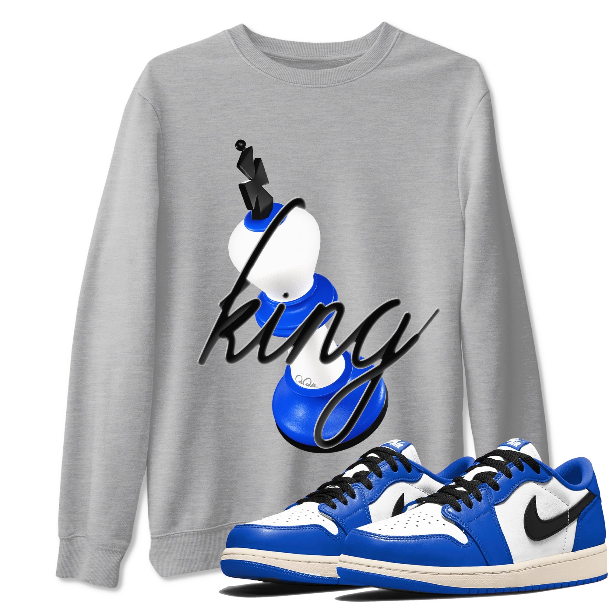 AJ1 Game Royal shirt to match jordans 3D King sneaker tees Air Jordan 1 Game Royal Drip Gear Zone unisex cotton Heather Grey 1 crew neck shirt
