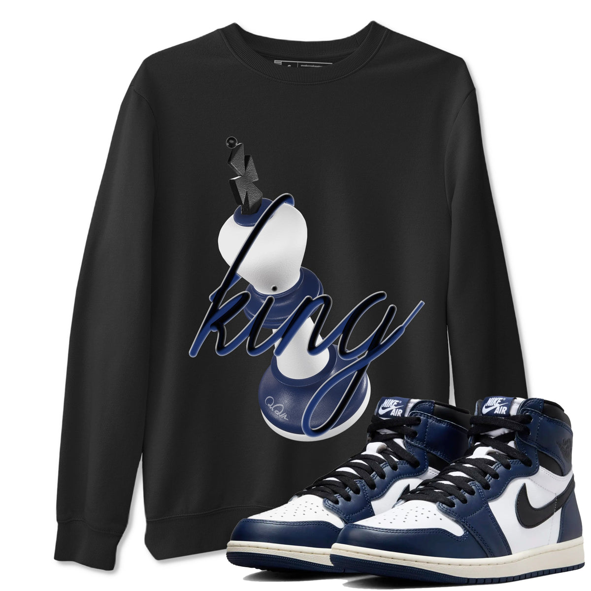 1s Midnight Navy shirts to match jordans 3D King sneaker match tees Air Jordan 1 Midnight Navy match shoes to clothes Drip Gear Zone unisex cotton Black 1 shirts