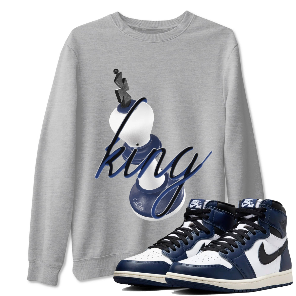 1s Midnight Navy shirts to match jordans 3D King sneaker match tees Air Jordan 1 Midnight Navy match shoes to clothes Drip Gear Zone unisex cotton Heather Grey 1 shirts