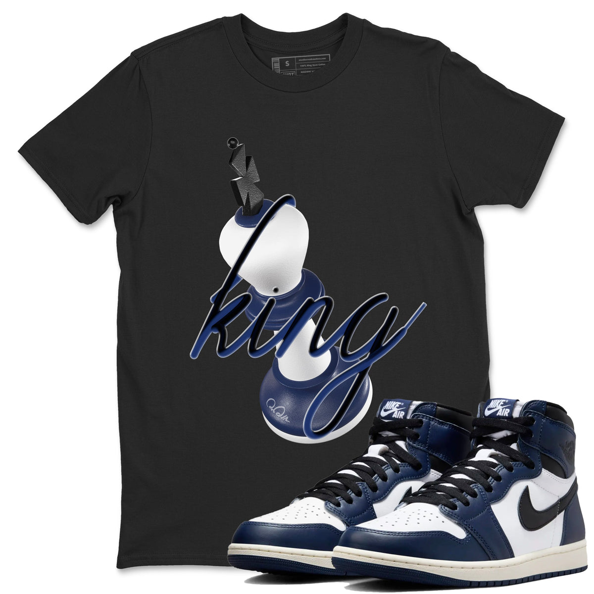 1s Midnight Navy shirts to match jordans 3D King sneaker match tees Air Jordan 1 Midnight Navy match shoes to clothes Drip Gear Zone unisex cotton Black 1 shirts