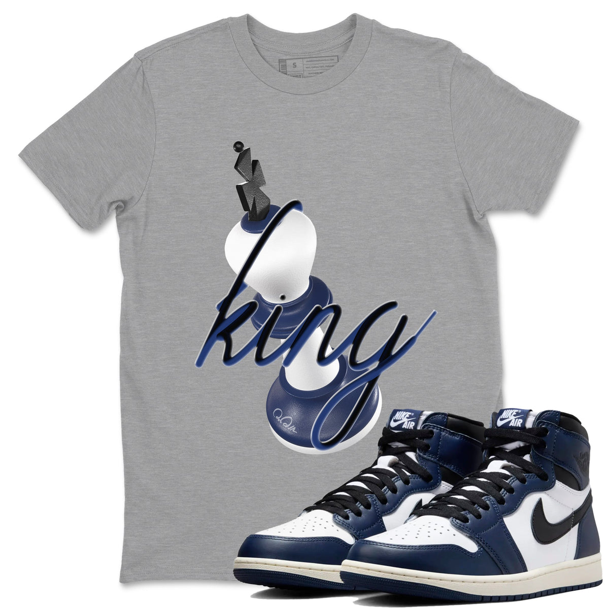 1s Midnight Navy shirts to match jordans 3D King sneaker match tees Air Jordan 1 Midnight Navy match shoes to clothes Drip Gear Zone unisex cotton Heather Grey 1 shirts
