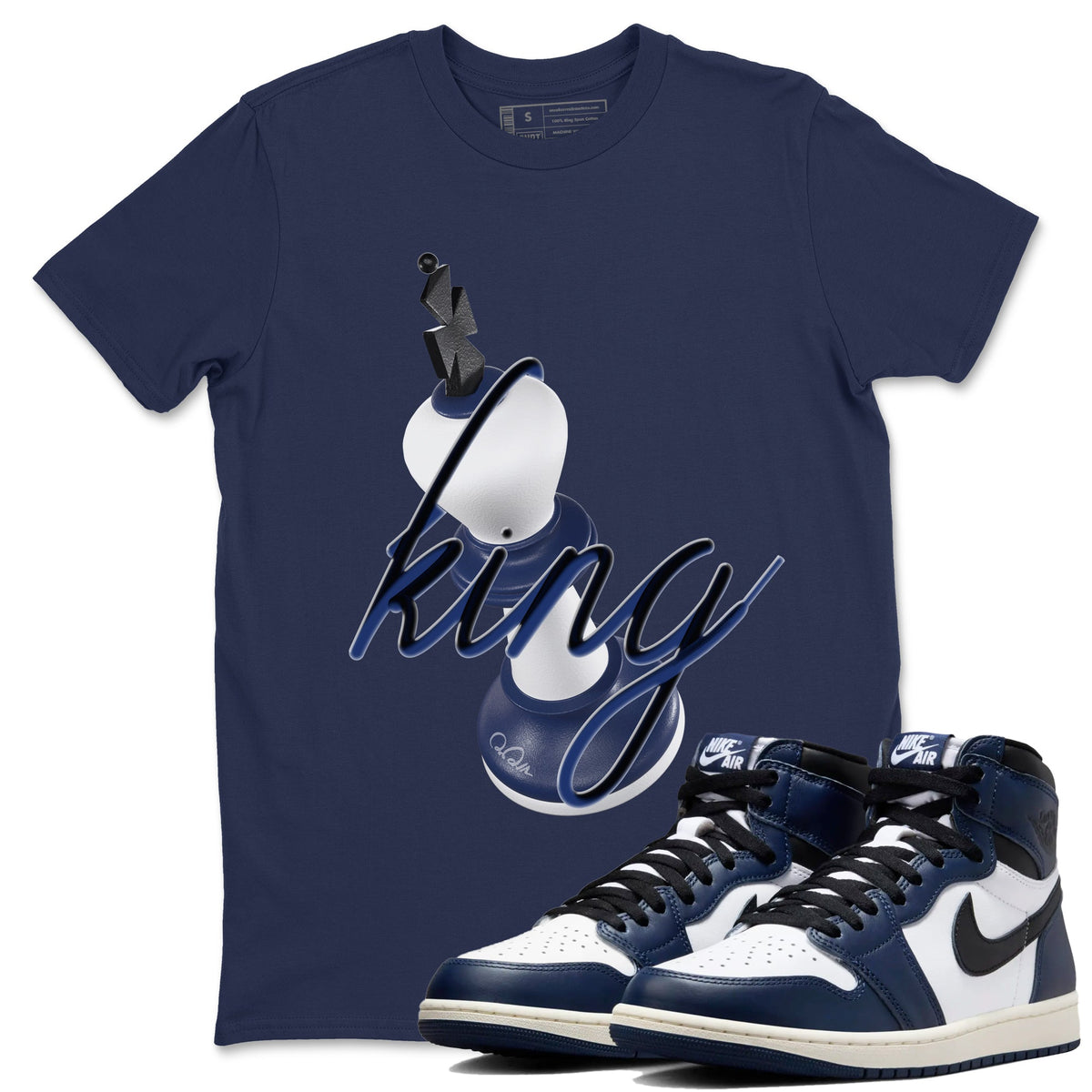 1s Midnight Navy shirts to match jordans 3D King sneaker match tees Air Jordan 1 Midnight Navy match shoes to clothes Drip Gear Zone unisex cotton Navy 1 shirts