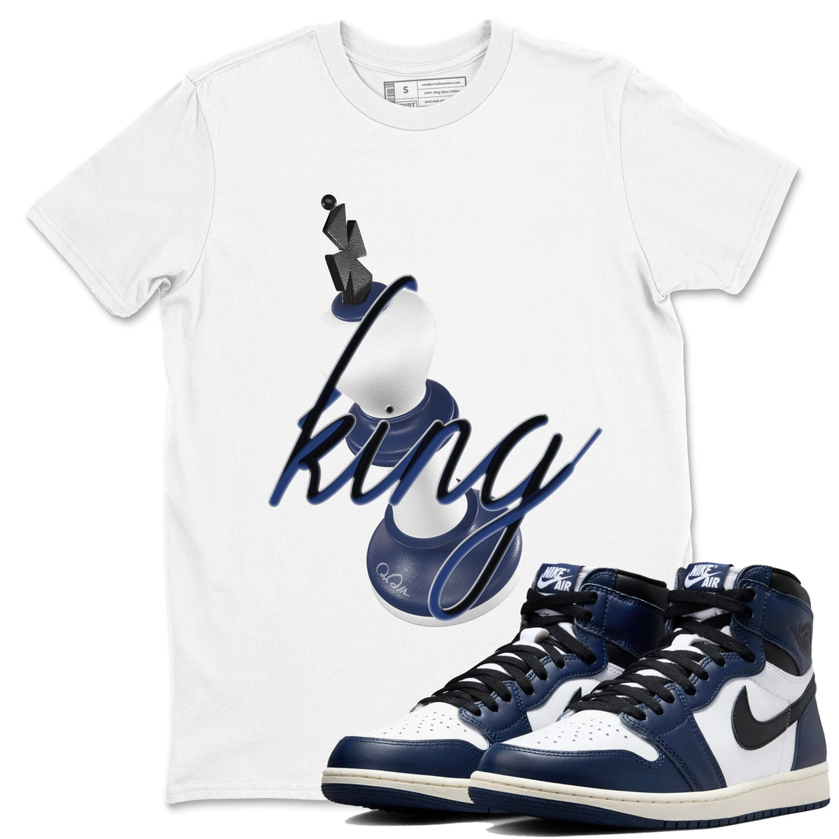 1s Midnight Navy shirts to match jordans 3D King sneaker match tees Air Jordan 1 Midnight Navy match shoes to clothes Drip Gear Zone unisex cotton White 1 shirts