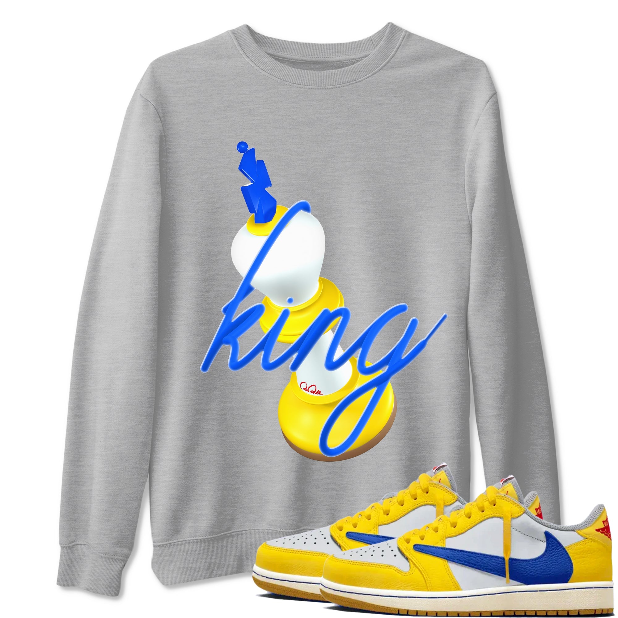 1s Travis Scott Canary shirt to match jordans 3D King sneaker tees Air Jordan 1 Travis Scott Canary Drip Gear Zone unisex cotton Heather Grey 1 crew neck shirt