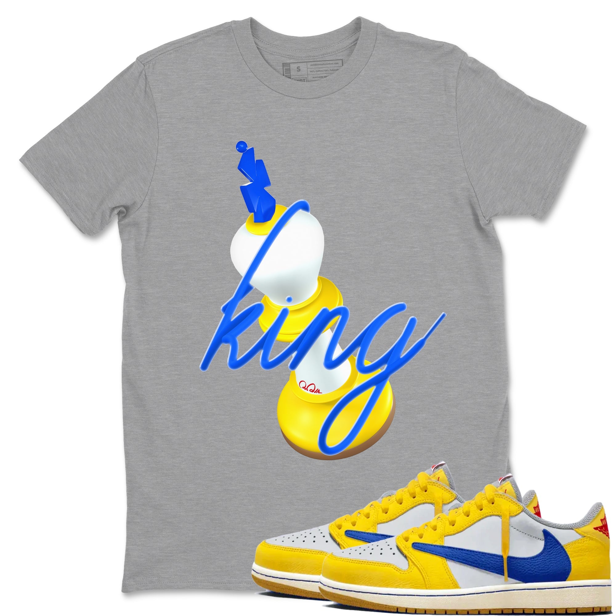 1s Travis Scott Canary shirt to match jordans 3D King sneaker tees Air Jordan 1 Travis Scott Canary Drip Gear Zone unisex cotton Heather Grey 1 crew neck shirt