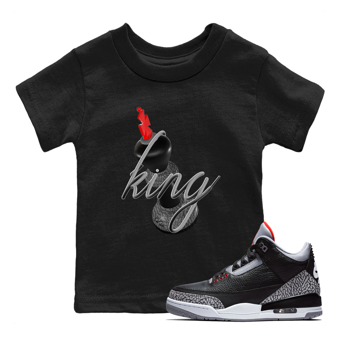 4s Black Cement shirts to match jordans 3D King sneaker match tees Air Jordan 4 Black Cement match shoes to clothes Drip Gear Zone Youth Baby Black 1 tee