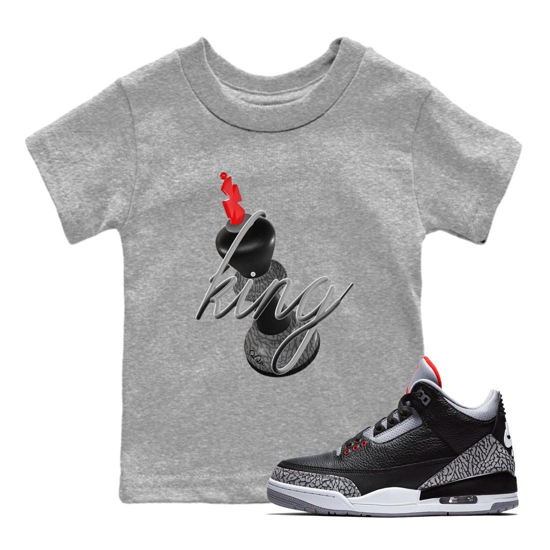 4s Black Cement shirts to match jordans 3D King sneaker match tees Air Jordan 4 Black Cement match shoes to clothes Drip Gear Zone Youth Baby Heather Grey 1 tee