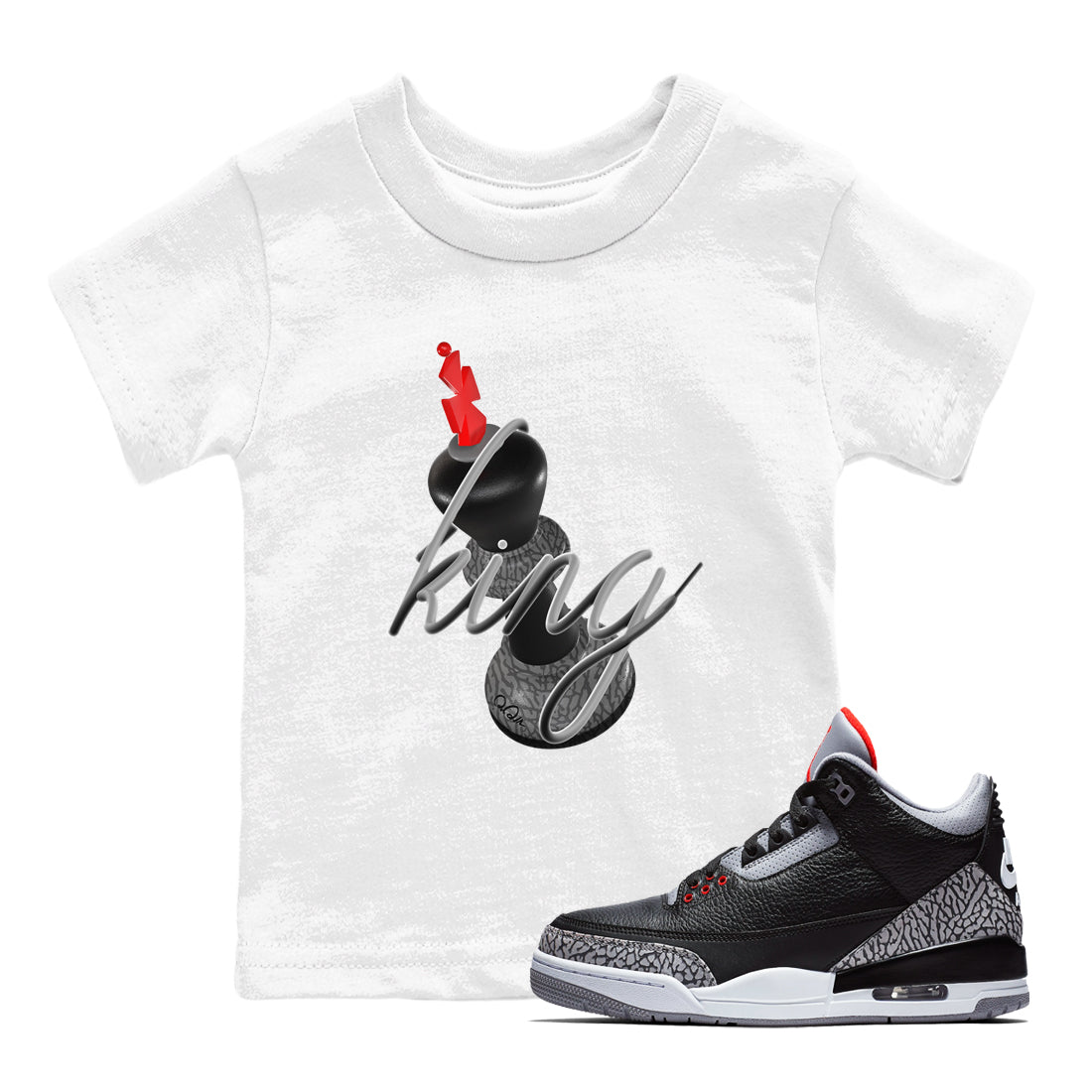4s Black Cement shirts to match jordans 3D King sneaker match tees Air Jordan 4 Black Cement match shoes to clothes Drip Gear Zone Youth Baby White 1 tee