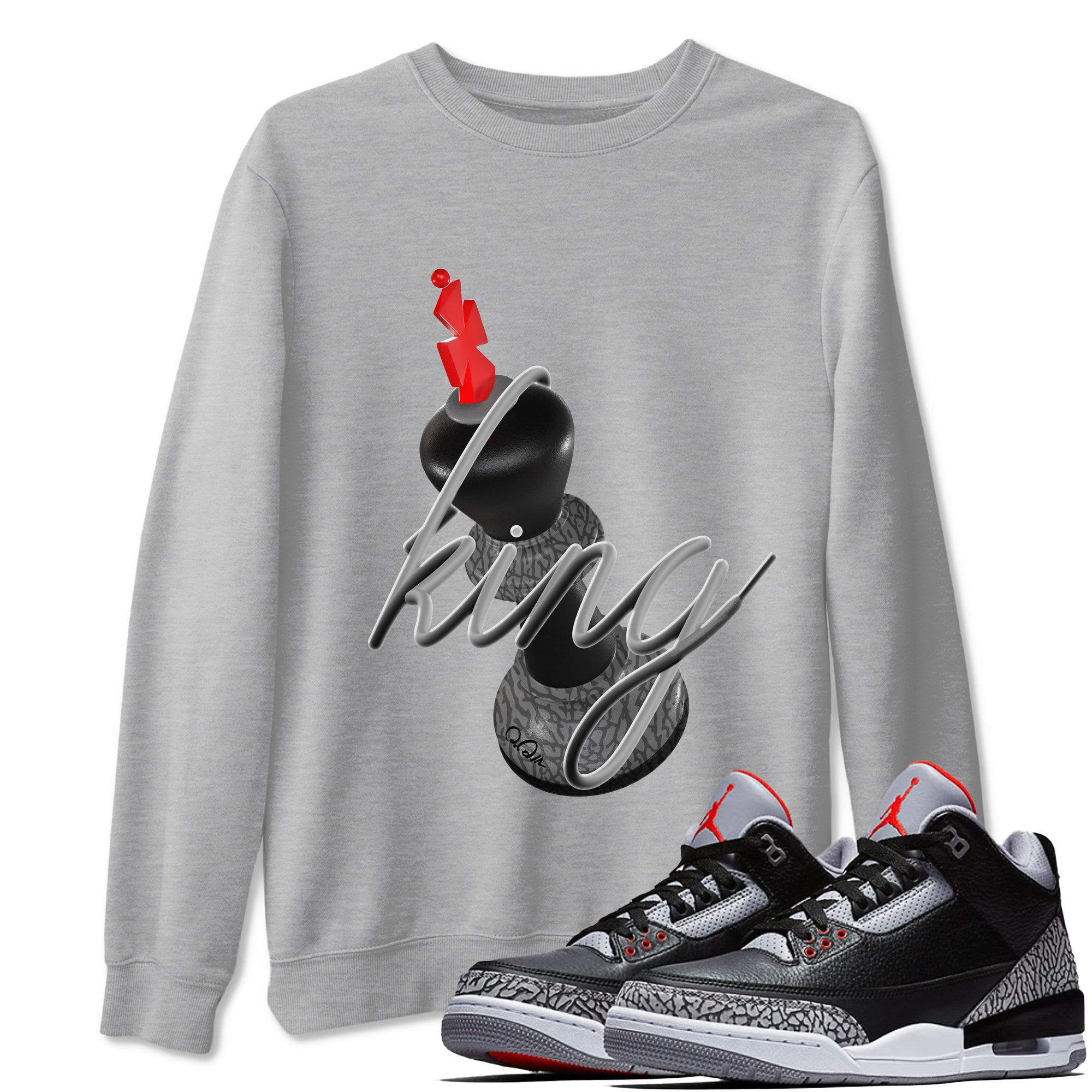 4s Black Cement shirts to match jordans 3D King sneaker match tees Air Jordan 4 Black Cement match shoes to clothes Drip Gear Zone unisex cotton Heather Grey 1 shirts