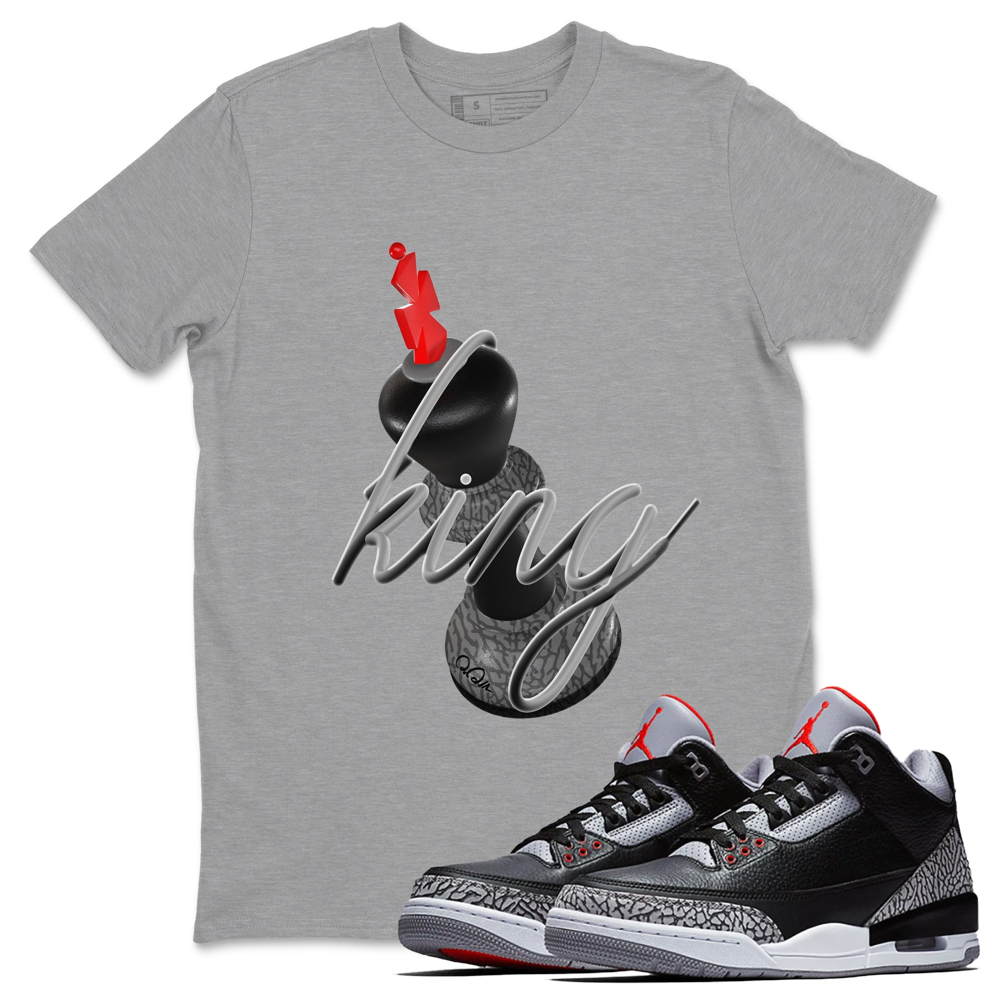 4s Black Cement shirts to match jordans 3D King sneaker match tees Air Jordan 4 Black Cement match shoes to clothes Drip Gear Zone unisex cotton Heather Grey 1 shirts