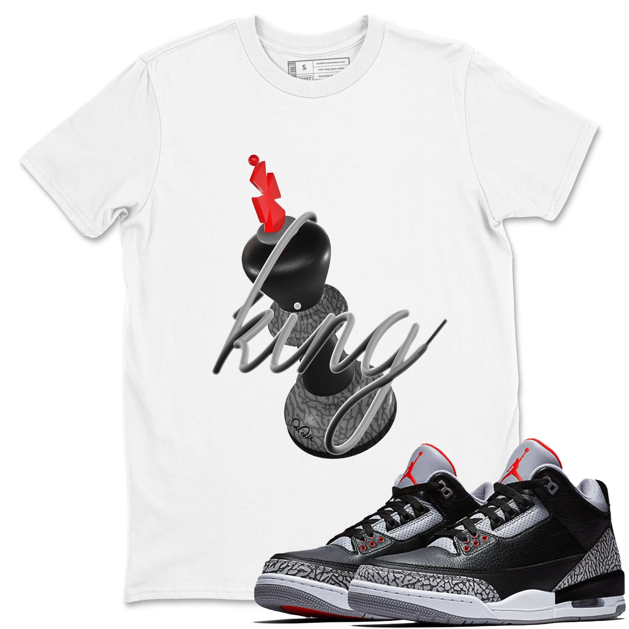 4s Black Cement shirts to match jordans 3D King sneaker match tees Air Jordan 4 Black Cement match shoes to clothes Drip Gear Zone unisex cotton White 1 shirts