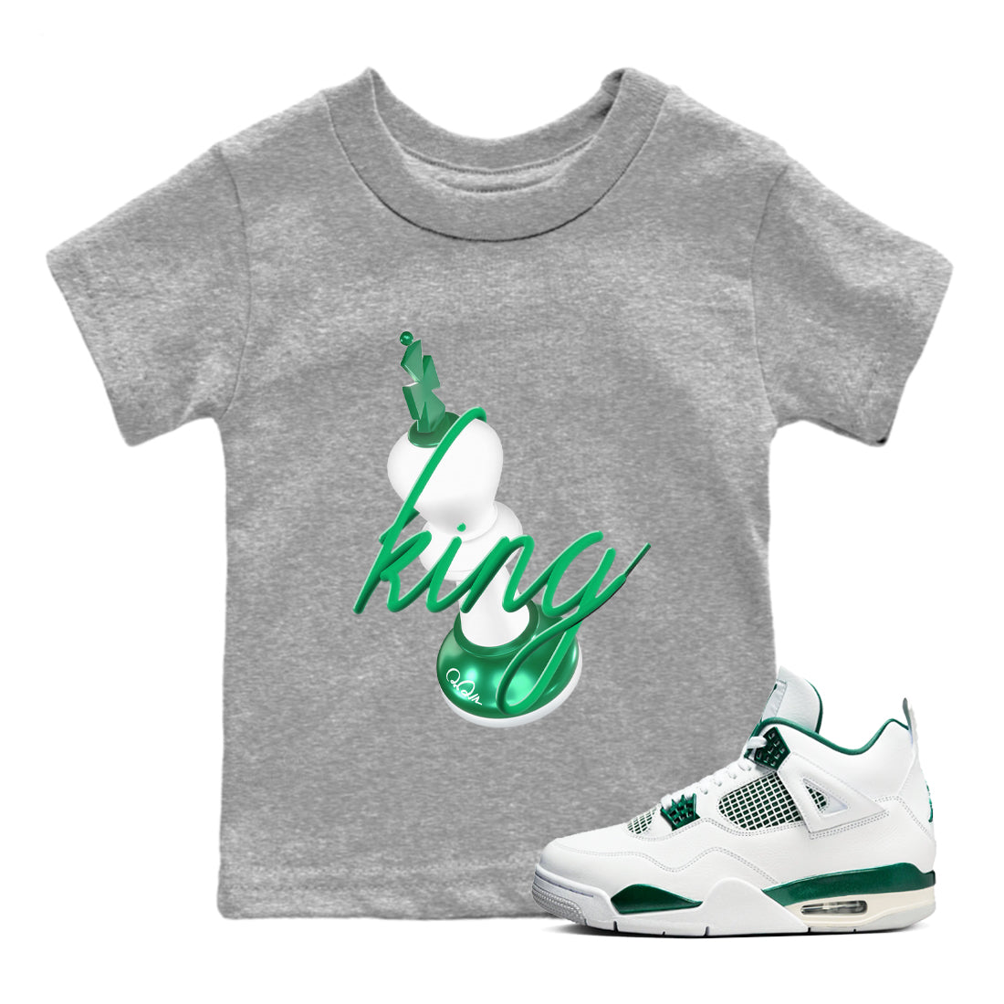 4s Oxidized Green shirts to match jordans 3D King sneaker match tees Air Jordan 4 Oxidized Green Drip Gear Zone streetwear brand Baby and Youth Heather Grey 1 cotton tee