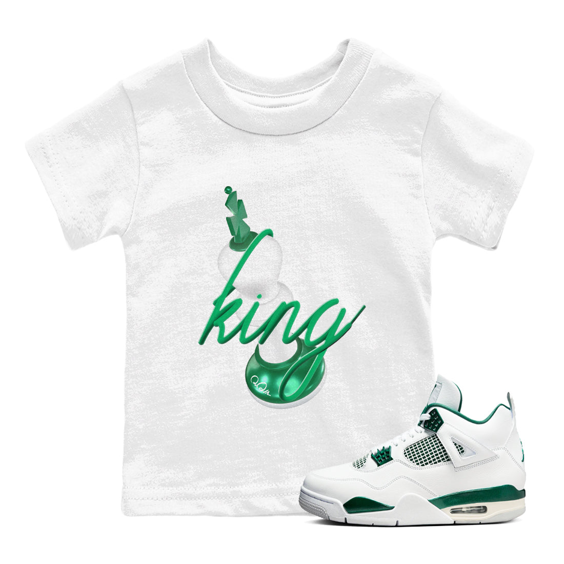 4s Oxidized Green shirts to match jordans 3D King sneaker match tees Air Jordan 4 Oxidized Green Drip Gear Zone streetwear brand Baby and Youth White 1 cotton tee