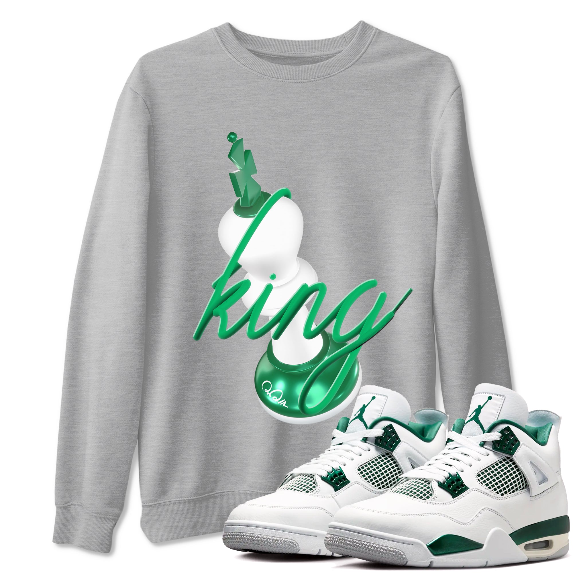 4s Oxidized Green shirts to match jordans 3D King sneaker match tees Air Jordan 4 Oxidized Green Drip Gear Zone streetwear brand Heather Grey 1 unisex cotton tee