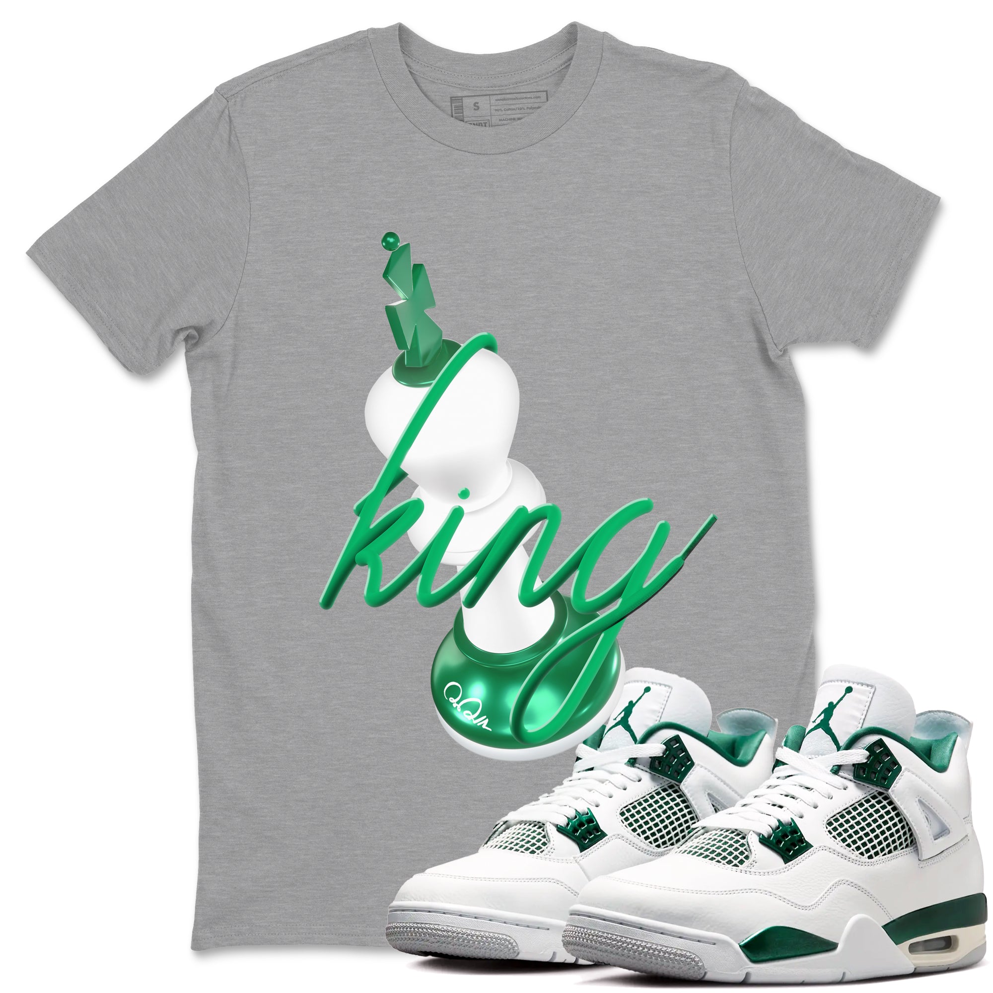 4s Oxidized Green shirts to match jordans 3D King sneaker match tees Air Jordan 4 Oxidized Green Drip Gear Zone streetwear brand Heather Grey 1 unisex cotton tee