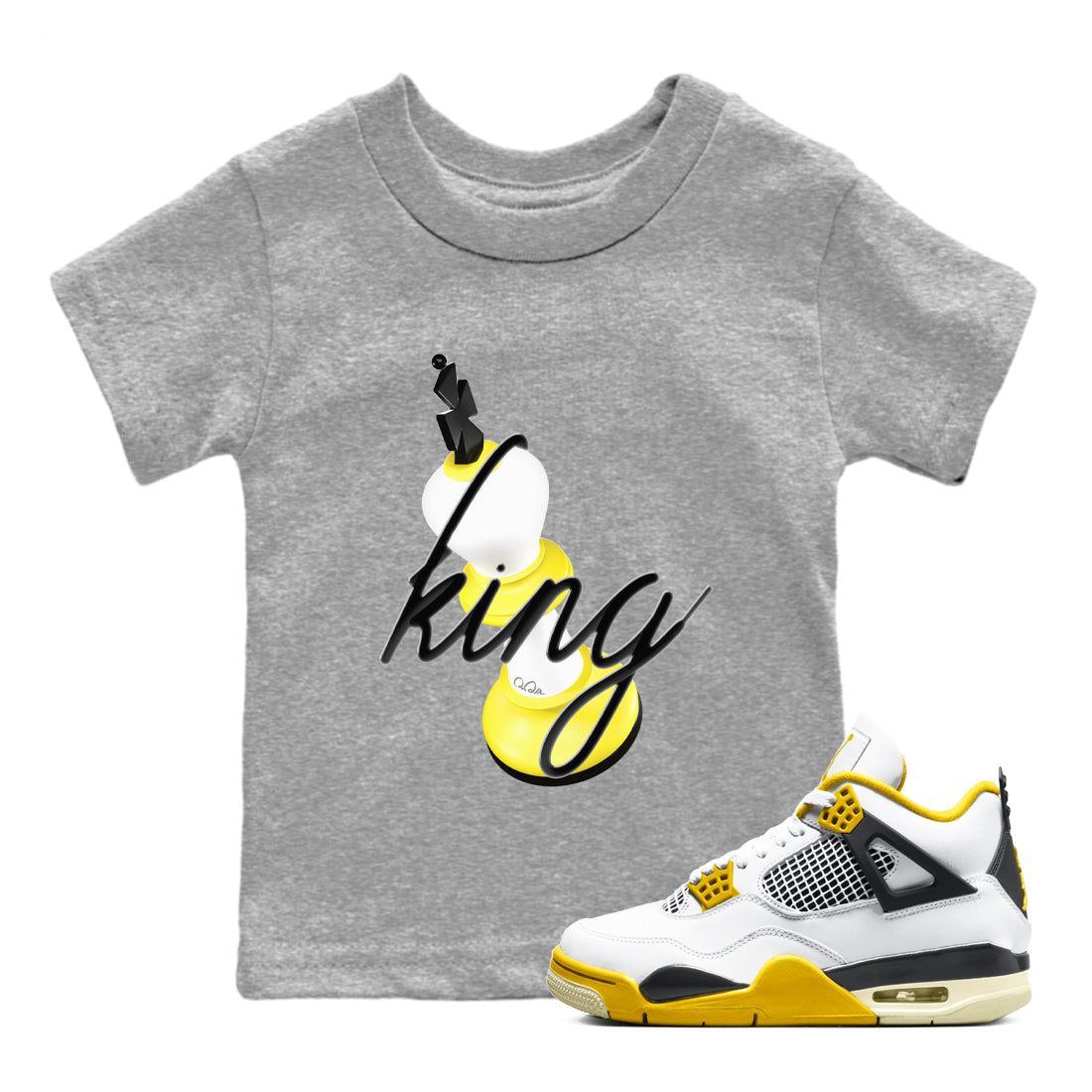AJ4 Vivid Sulfur shirt to match jordans 3D King sneaker tees Air Jordan 4 Vivid Sulfur Drip Gear Zone baby toddler Heather Grey 1 cotton Shirt