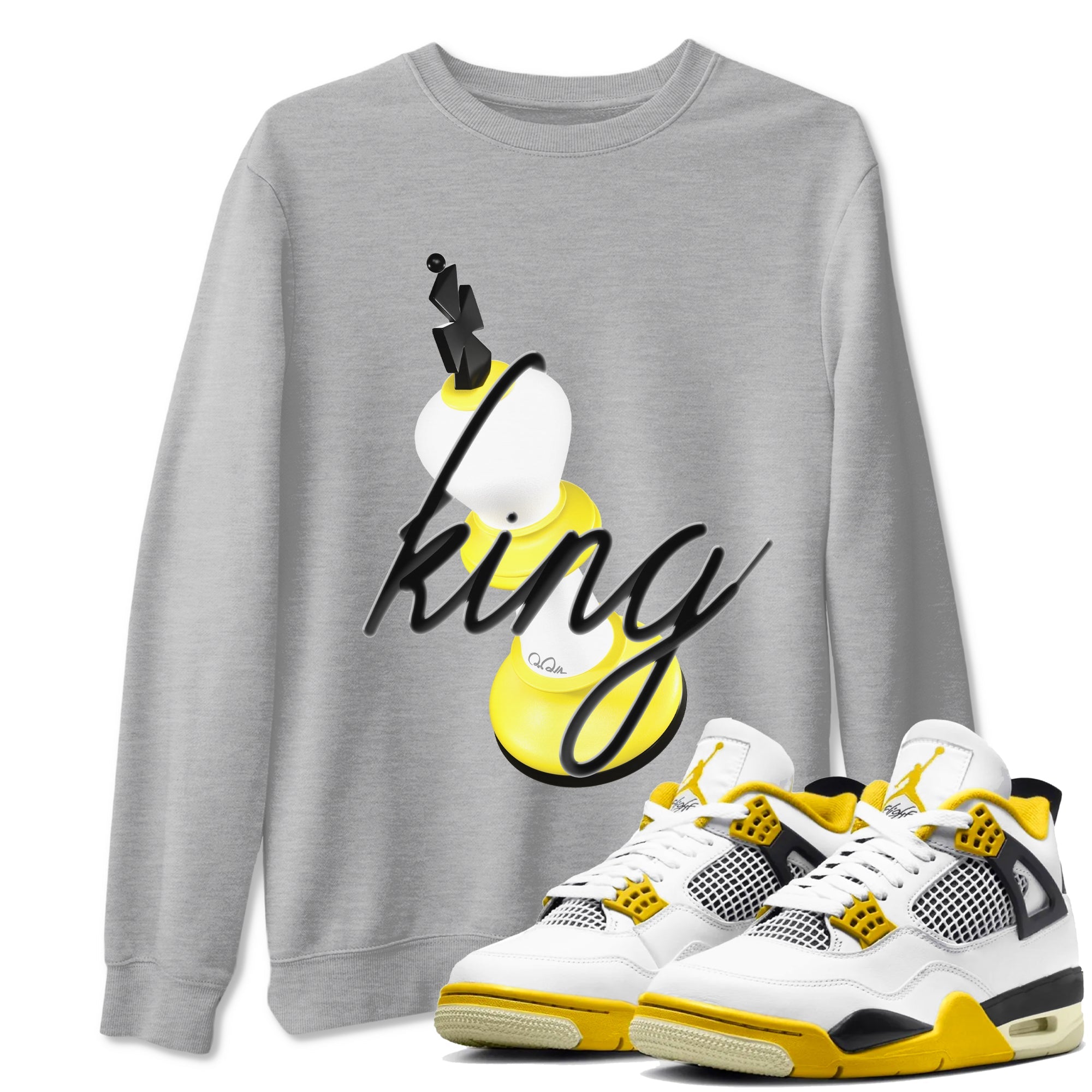 AJ4 Vivid Sulfur shirt to match jordans 3D King sneaker tees Air Jordan 4 Vivid Sulfur Drip Gear Zone unisex cotton Heather Grey 1 crew neck shirt
