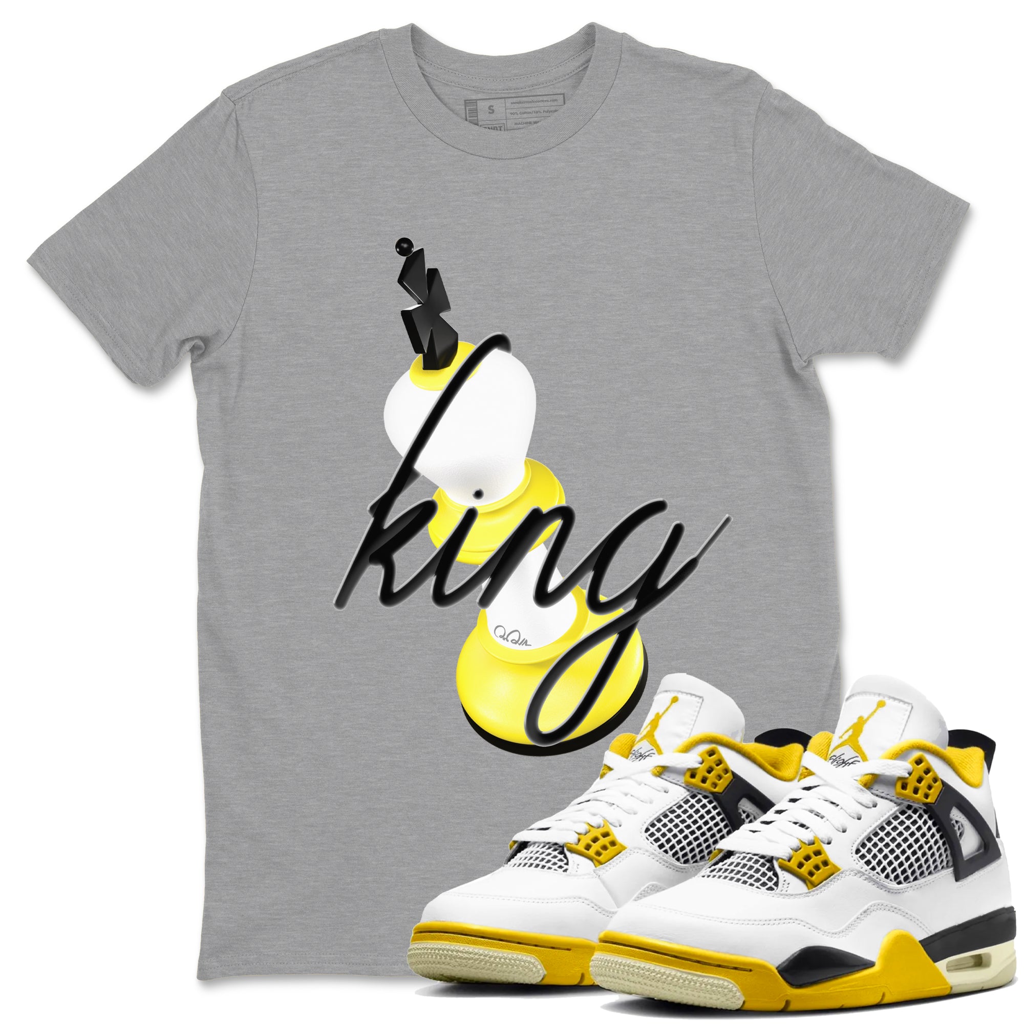 AJ4 Vivid Sulfur shirt to match jordans 3D King sneaker tees Air Jordan 4 Vivid Sulfur Drip Gear Zone unisex cotton Heather Grey 1 crew neck shirt