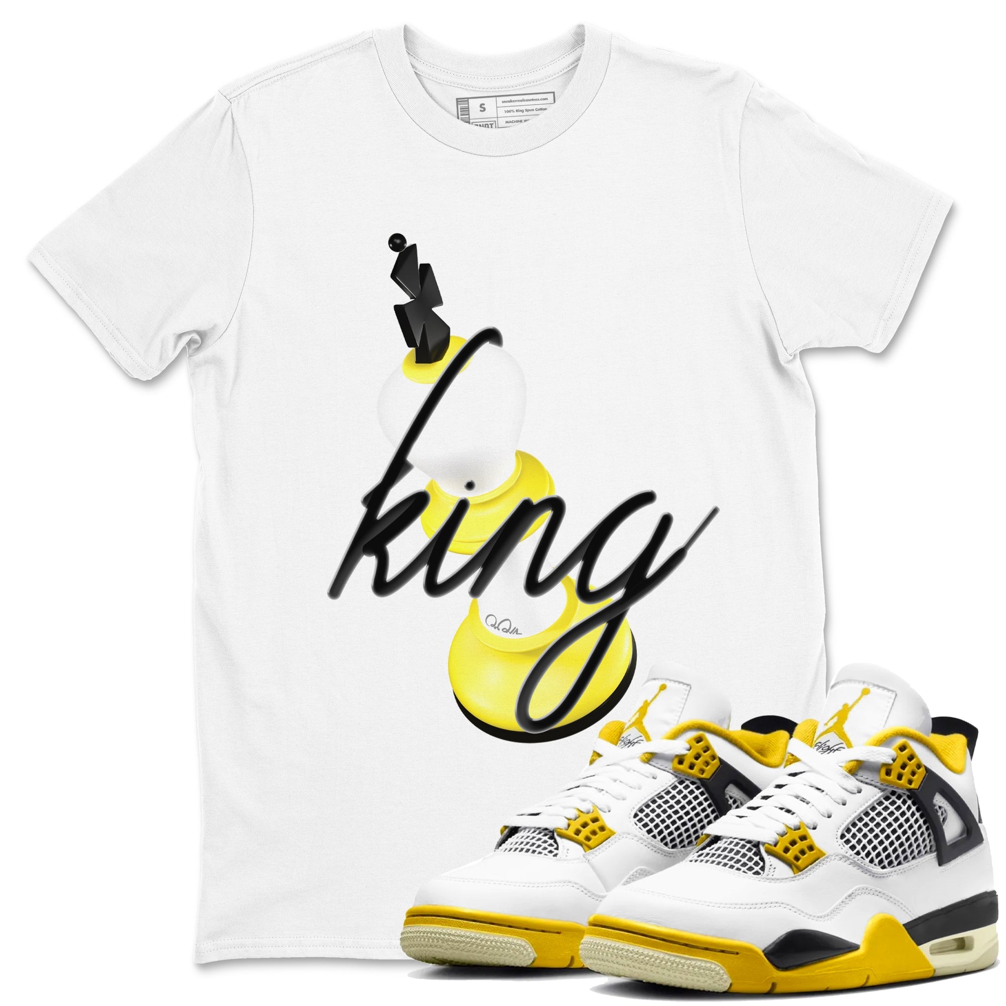 AJ4 Vivid Sulfur shirt to match jordans 3D King sneaker tees Air Jordan 4 Vivid Sulfur Drip Gear Zone unisex cotton White 1 crew neck shirt