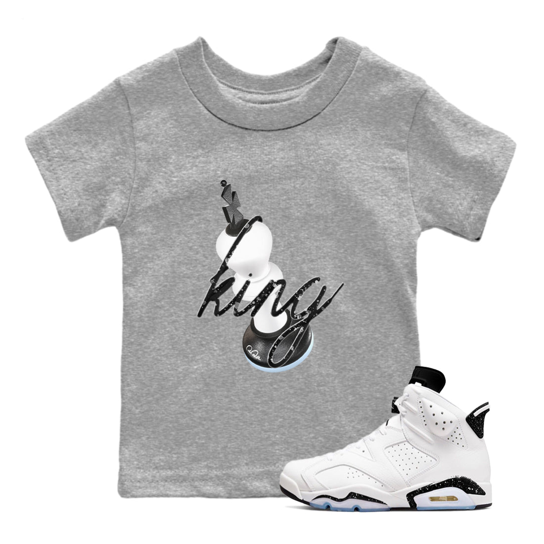 AJ6 White Black shirts to match jordans 3D King sneaker match tees Air Jordan 6 White Black Drip Gear Zone streetwear brand Baby and Youth Heather Grey 1 cotton tee