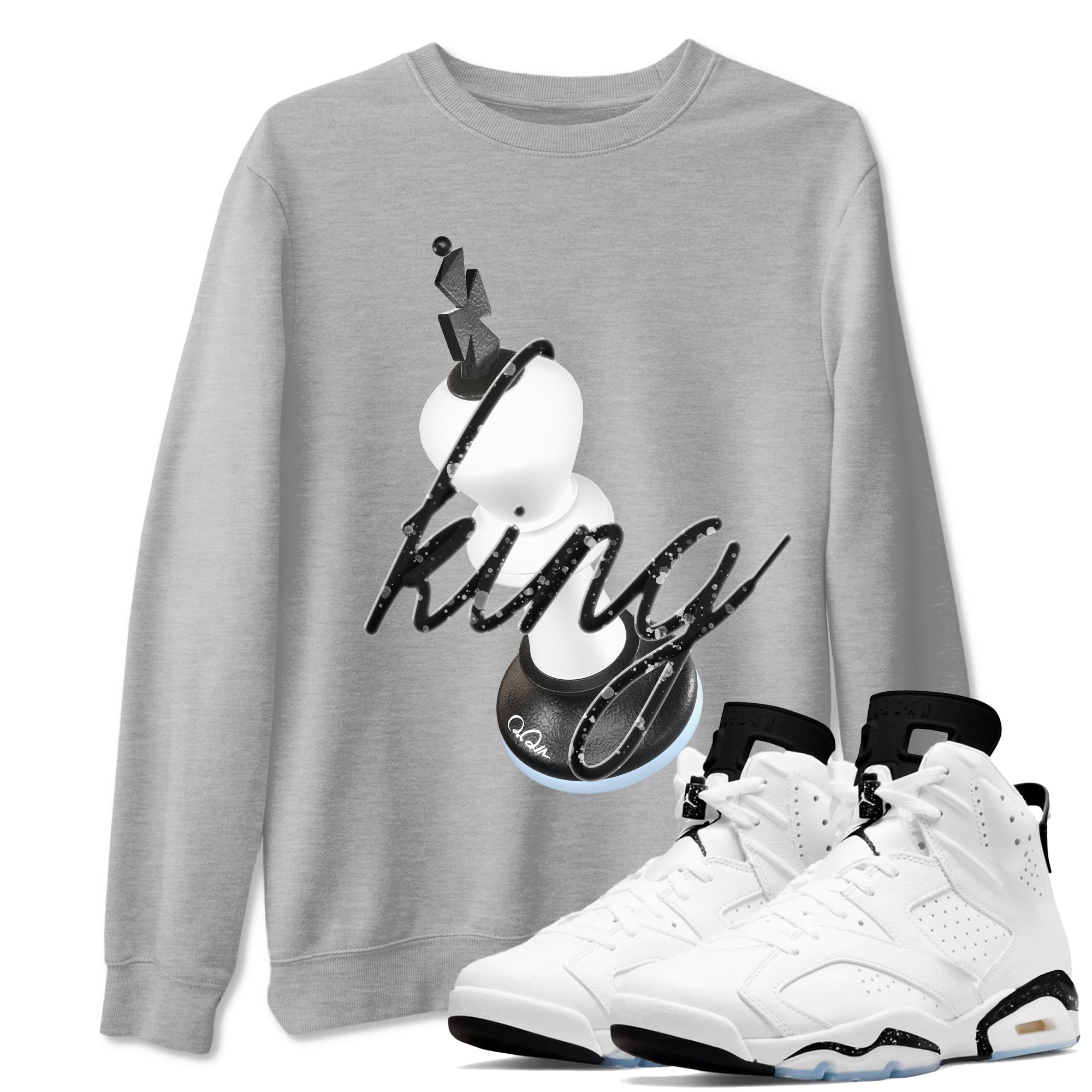 AJ6 White Black shirts to match jordans 3D King sneaker match tees Air Jordan 6 White Black Drip Gear Zone streetwear brand Heather Grey 1 unisex cotton tee