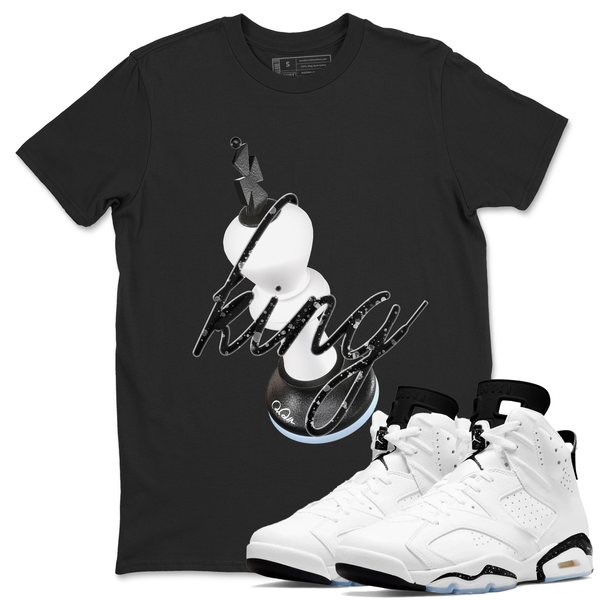 AJ6 White Black shirts to match jordans 3D King sneaker match tees Air Jordan 6 White Black Drip Gear Zone streetwear brand Black 1 unisex cotton tee