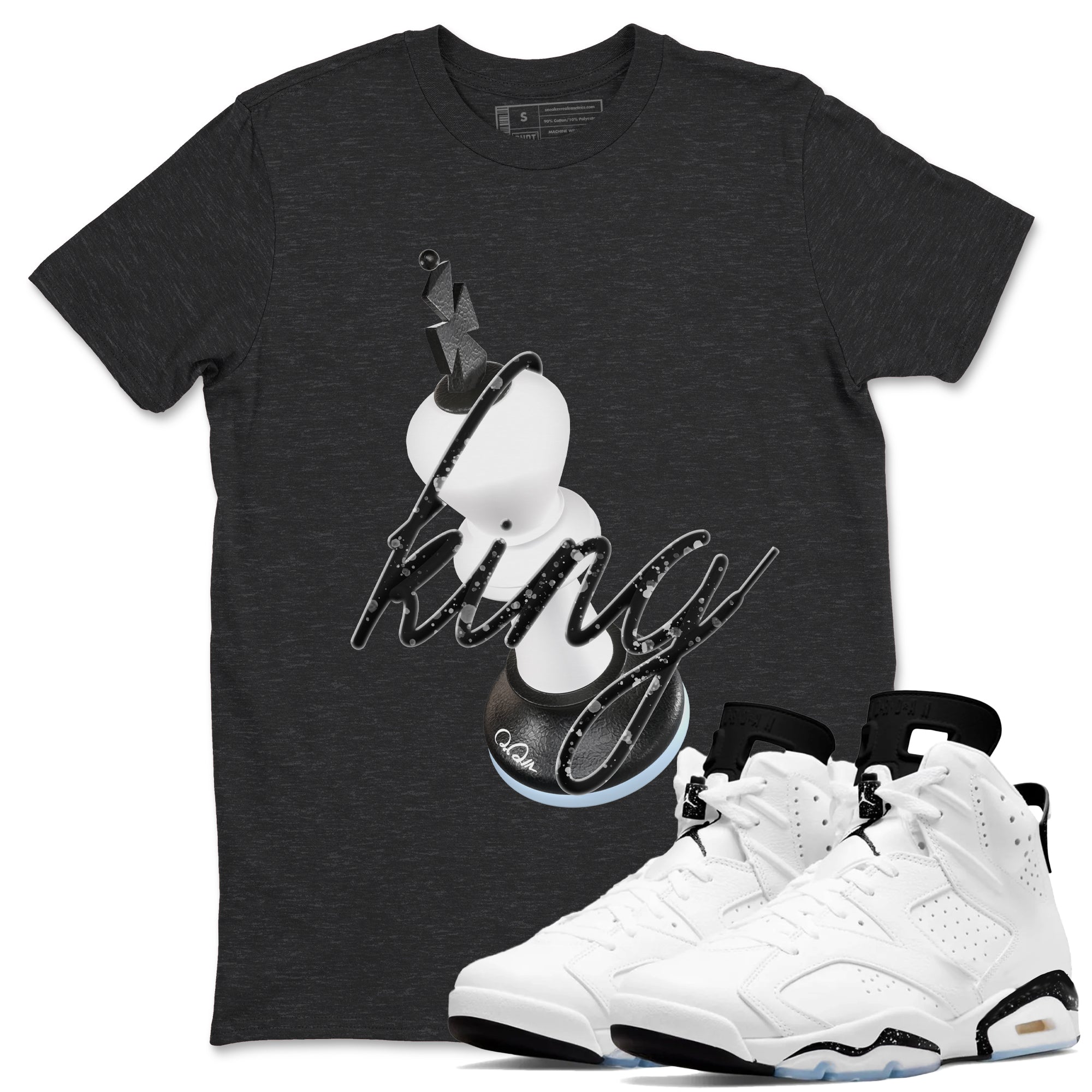 AJ6 White Black shirts to match jordans 3D King sneaker match tees Air Jordan 6 White Black Drip Gear Zone streetwear brand Charcoal Heather 1 unisex cotton tee