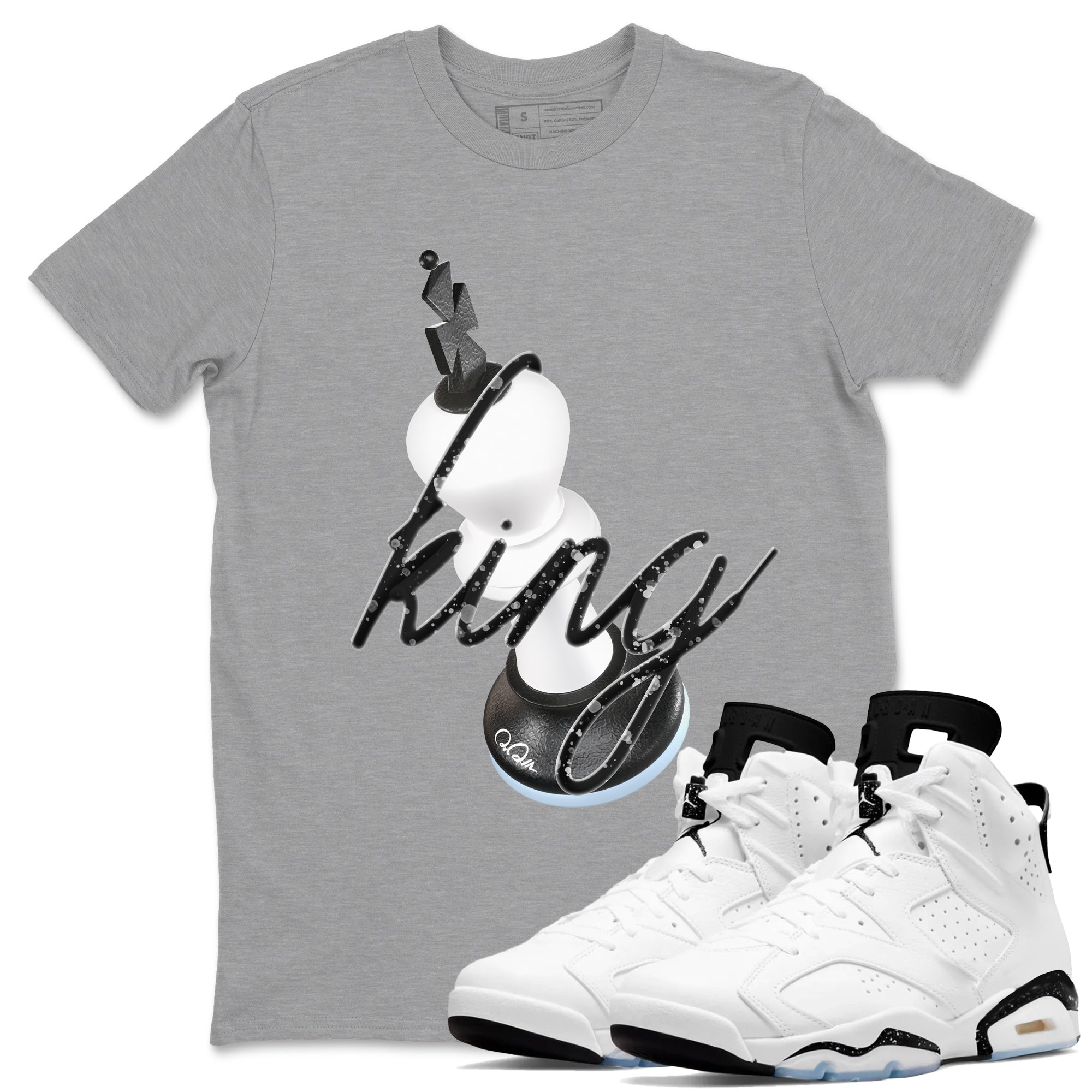 AJ6 White Black shirts to match jordans 3D King sneaker match tees Air Jordan 6 White Black Drip Gear Zone streetwear brand Heather Grey 1 unisex cotton tee