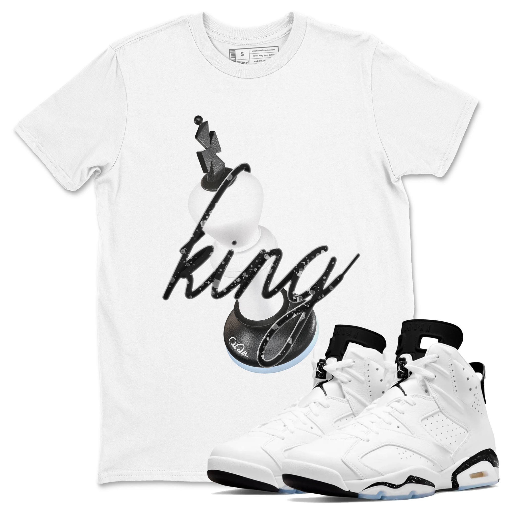 AJ6 White Black shirts to match jordans 3D King sneaker match tees Air Jordan 6 White Black Drip Gear Zone streetwear brand White 1 unisex cotton tee