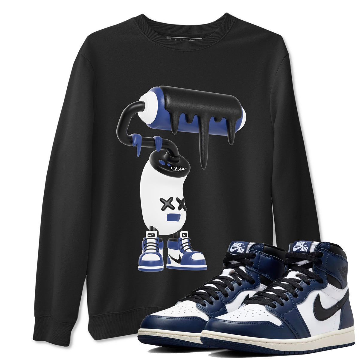 1s Midnight Navy shirts to match jordans 3D Paint Roller sneaker match tees Air Jordan 1 Midnight Navy match shoes to clothes Drip Gear Zone unisex cotton Black 1 shirts