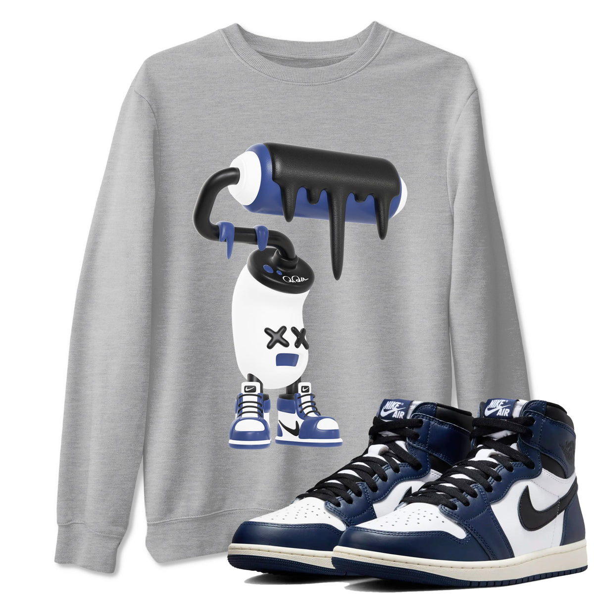 1s Midnight Navy shirts to match jordans 3D Paint Roller sneaker match tees Air Jordan 1 Midnight Navy match shoes to clothes Drip Gear Zone unisex cotton Heather Grey 1 shirts