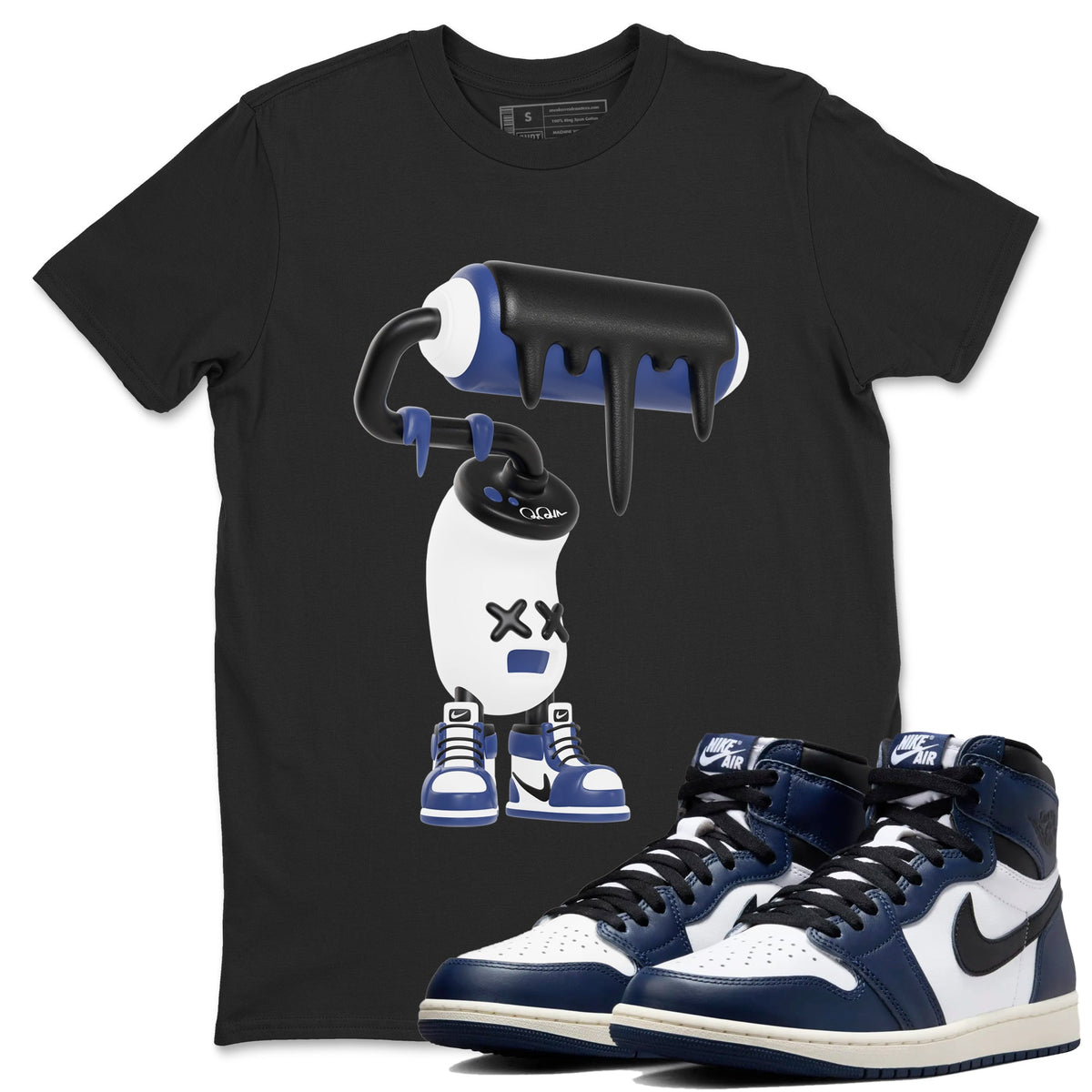 1s Midnight Navy shirts to match jordans 3D Paint Roller sneaker match tees Air Jordan 1 Midnight Navy match shoes to clothes Drip Gear Zone unisex cotton Black 1 shirts