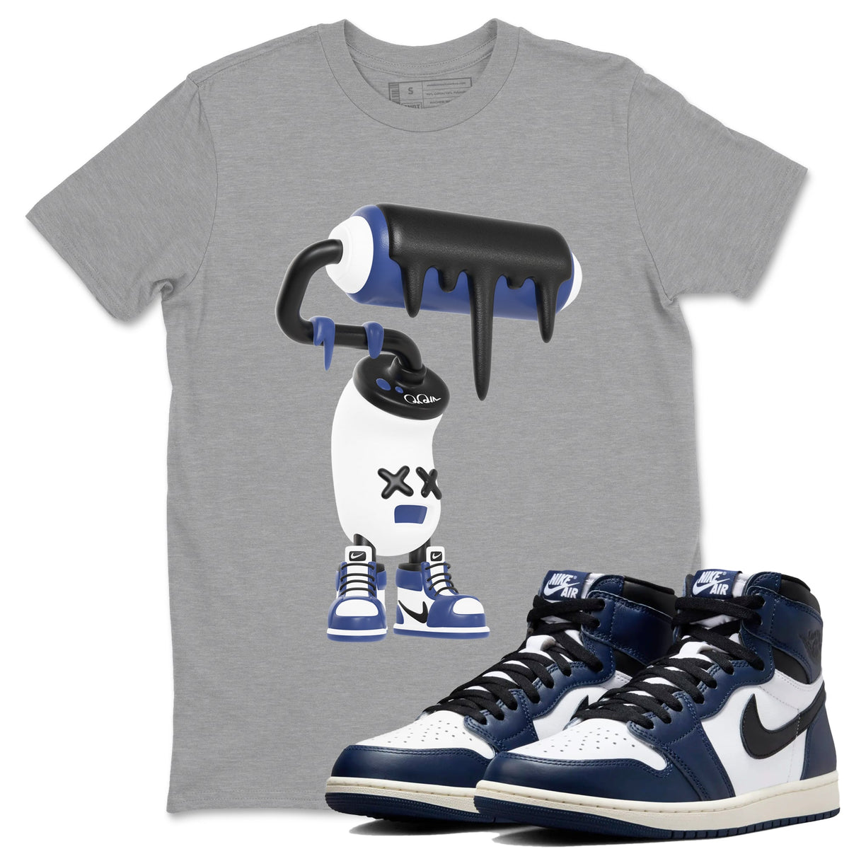 1s Midnight Navy shirts to match jordans 3D Paint Roller sneaker match tees Air Jordan 1 Midnight Navy match shoes to clothes Drip Gear Zone unisex cotton Heather Grey 1 shirts
