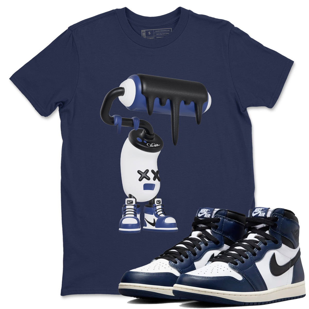 1s Midnight Navy shirts to match jordans 3D Paint Roller sneaker match tees Air Jordan 1 Midnight Navy match shoes to clothes Drip Gear Zone unisex cotton Navy 1 shirts