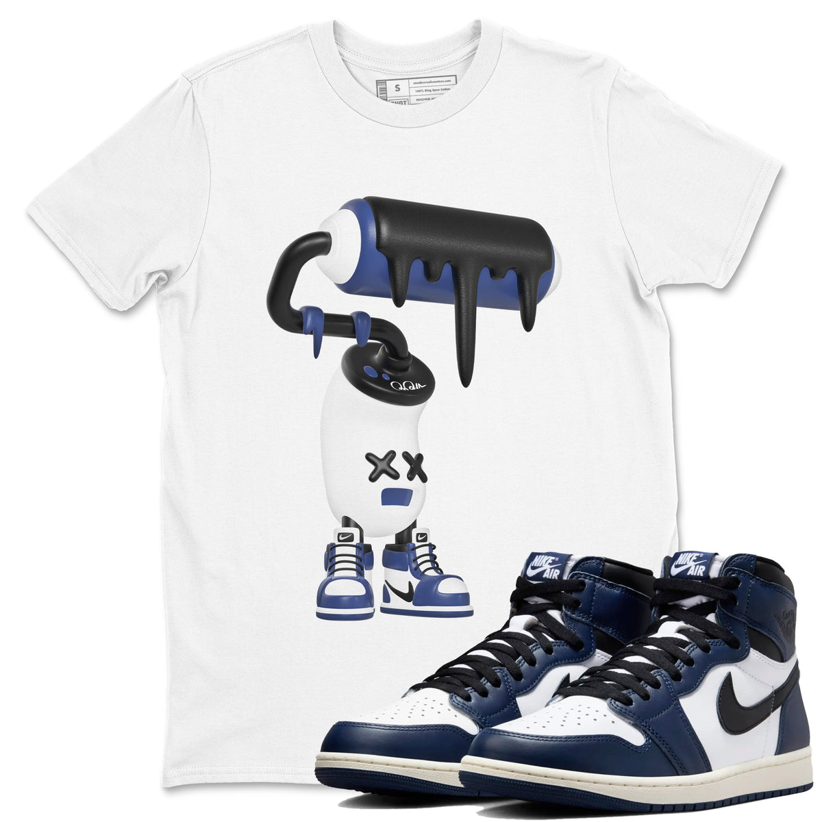 1s Midnight Navy shirts to match jordans 3D Paint Roller sneaker match tees Air Jordan 1 Midnight Navy match shoes to clothes Drip Gear Zone unisex cotton White 1 shirts