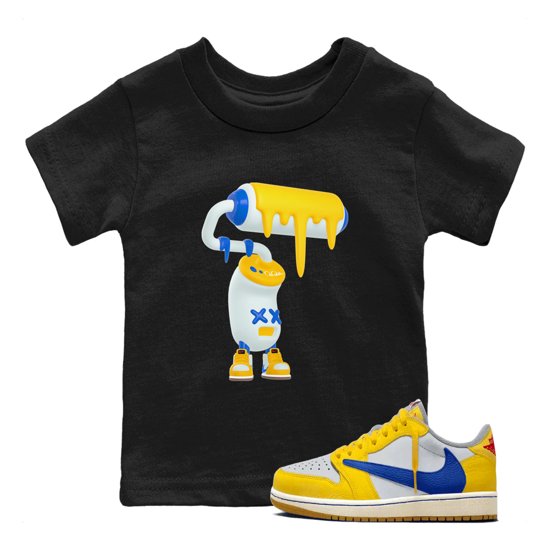 1s Travis Scott Canary shirt to match jordans 3D Paint Roller sneaker tees Air Jordan 1 Travis Scott Canary Drip Gear Zone baby toddler Black 1 cotton Shirt