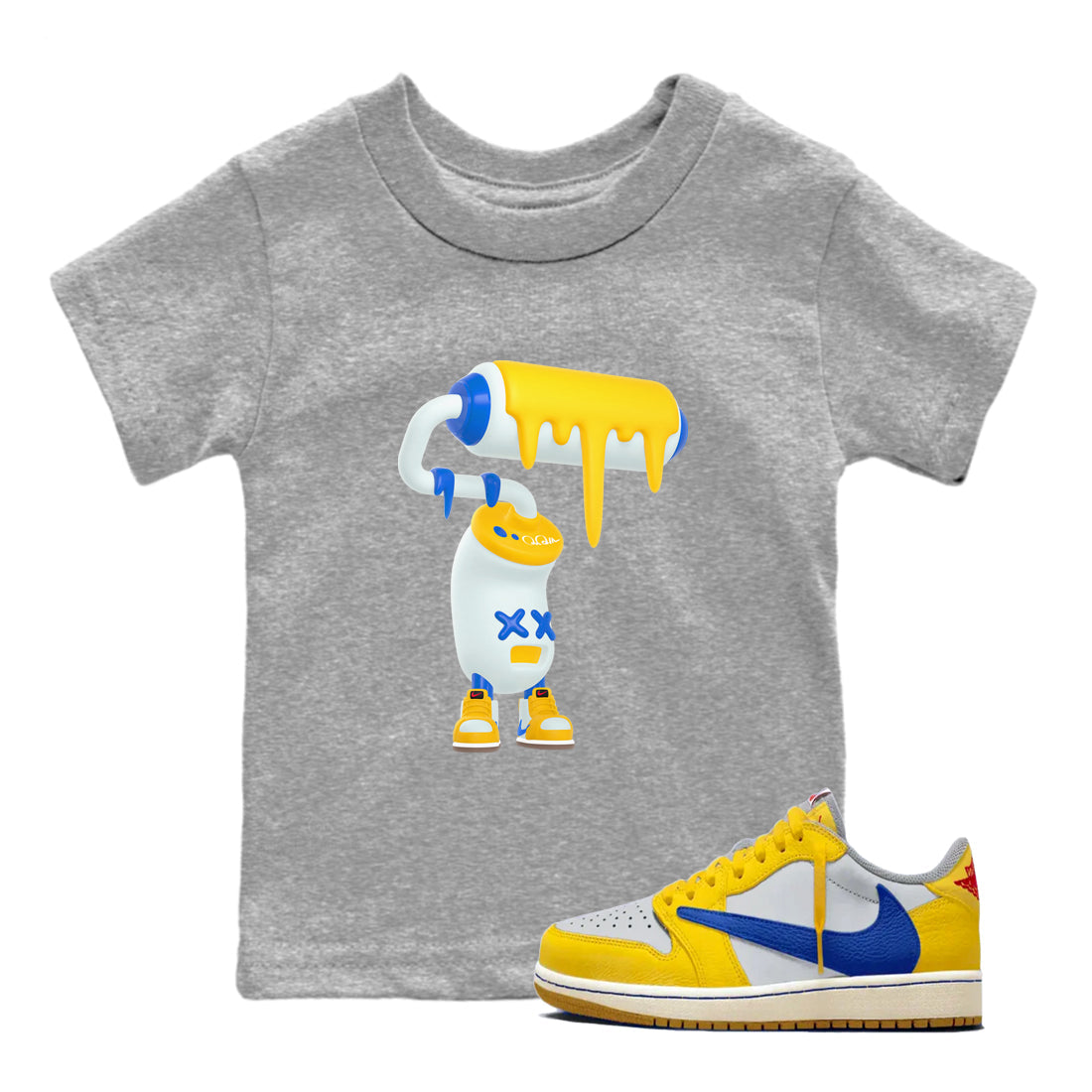 1s Travis Scott Canary shirt to match jordans 3D Paint Roller sneaker tees Air Jordan 1 Travis Scott Canary Drip Gear Zone baby toddler Heather Grey 1 cotton Shirt