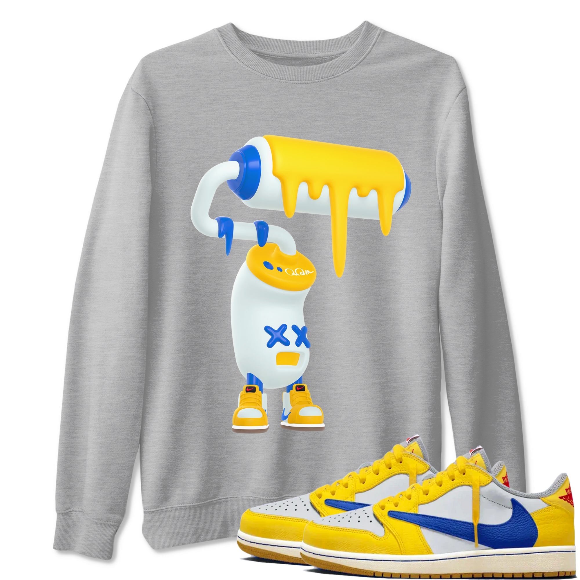 1s Travis Scott Canary shirt to match jordans 3D Paint Roller sneaker tees Air Jordan 1 Travis Scott Canary Drip Gear Zone unisex cotton Heather Grey 1 crew neck shirt
