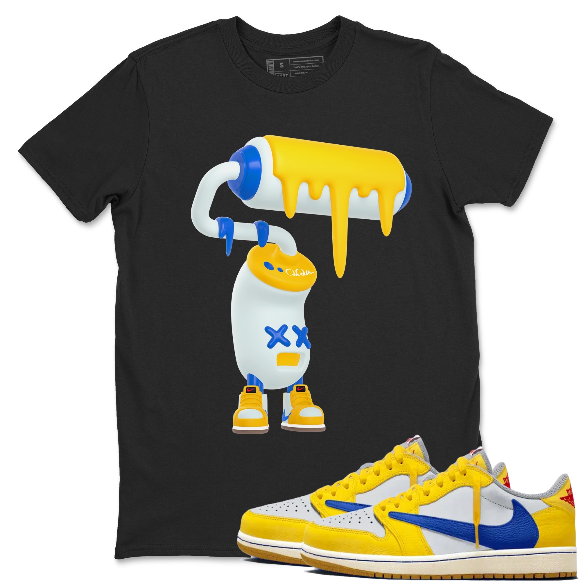 1s Travis Scott Canary shirt to match jordans 3D Paint Roller sneaker tees Air Jordan 1 Travis Scott Canary Drip Gear Zone unisex cotton Black 1 crew neck shirt
