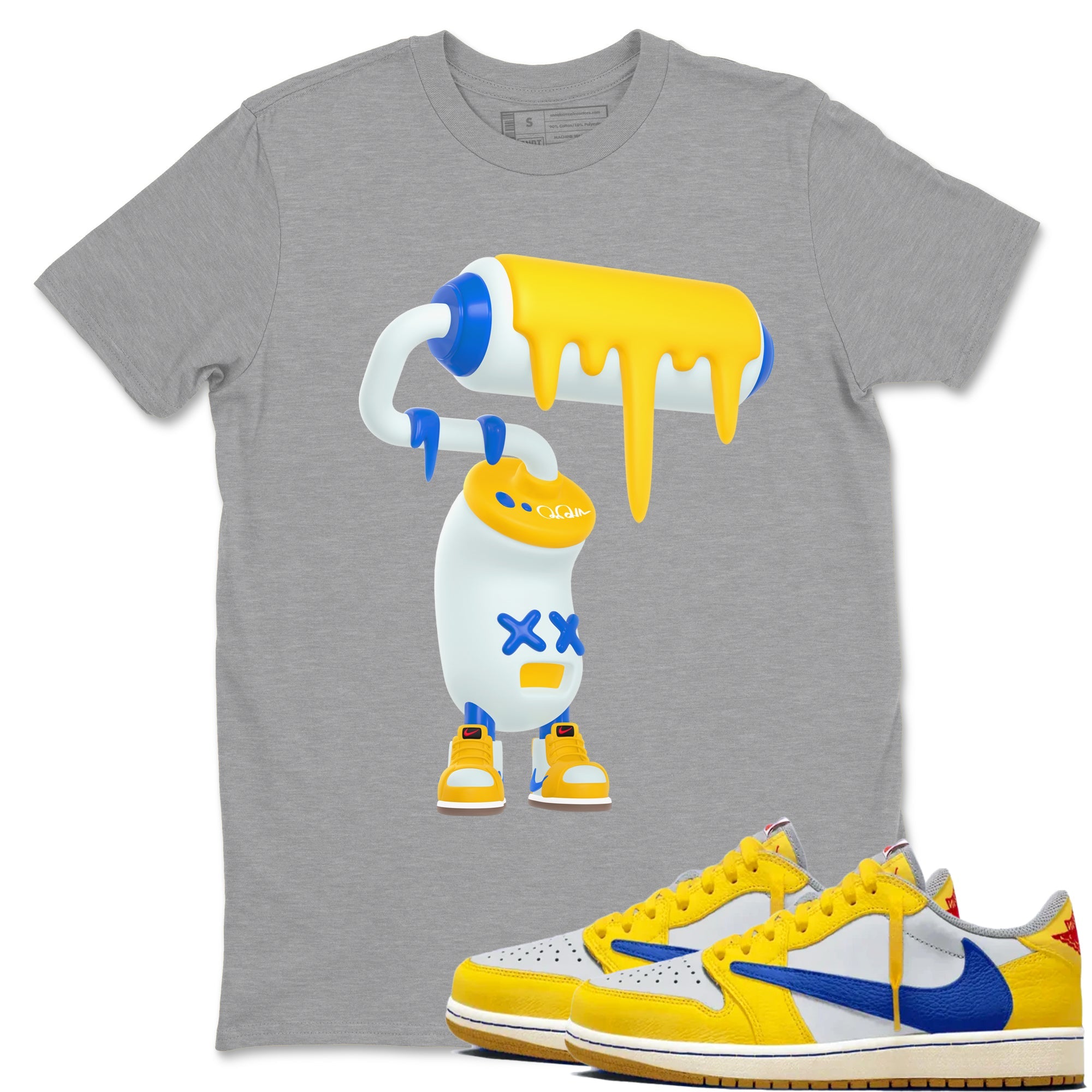 1s Travis Scott Canary shirt to match jordans 3D Paint Roller sneaker tees Air Jordan 1 Travis Scott Canary Drip Gear Zone unisex cotton Heather Grey 1 crew neck shirt