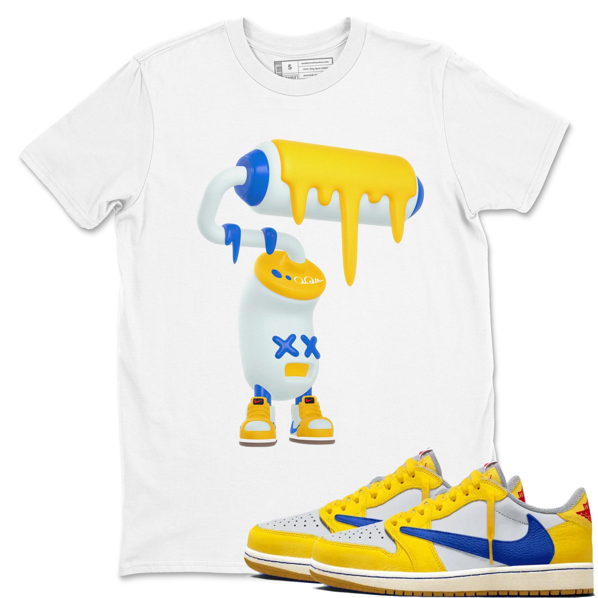 1s Travis Scott Canary shirt to match jordans 3D Paint Roller sneaker tees Air Jordan 1 Travis Scott Canary Drip Gear Zone unisex cotton White 1 crew neck shirt
