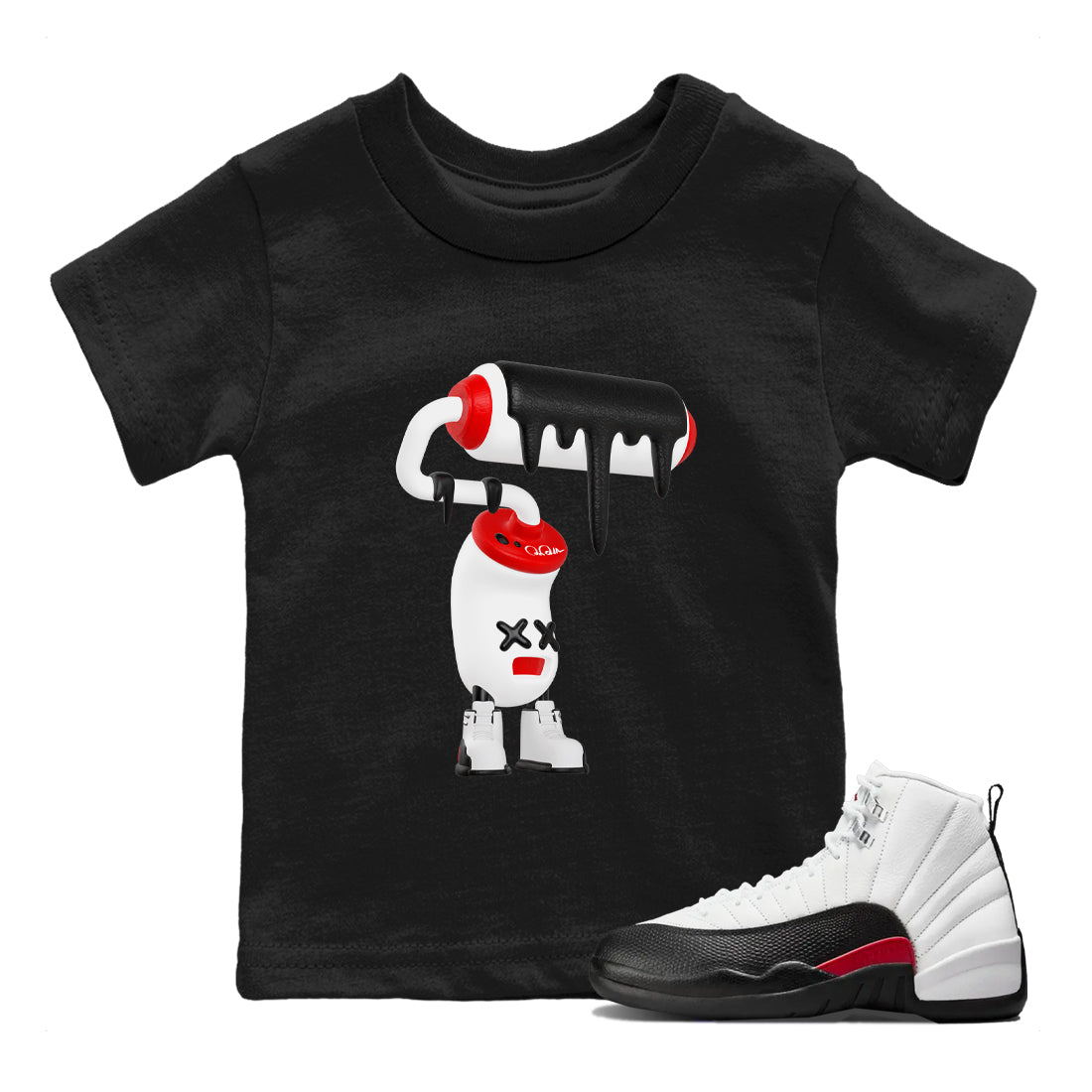 12s Taxi Flip shirts to match jordans 3D Paint Roller sneaker match tees Air Jordan 12 Taxi Flip Drip Gear Zone streetwear brand Baby and Youth Black 1 cotton tee