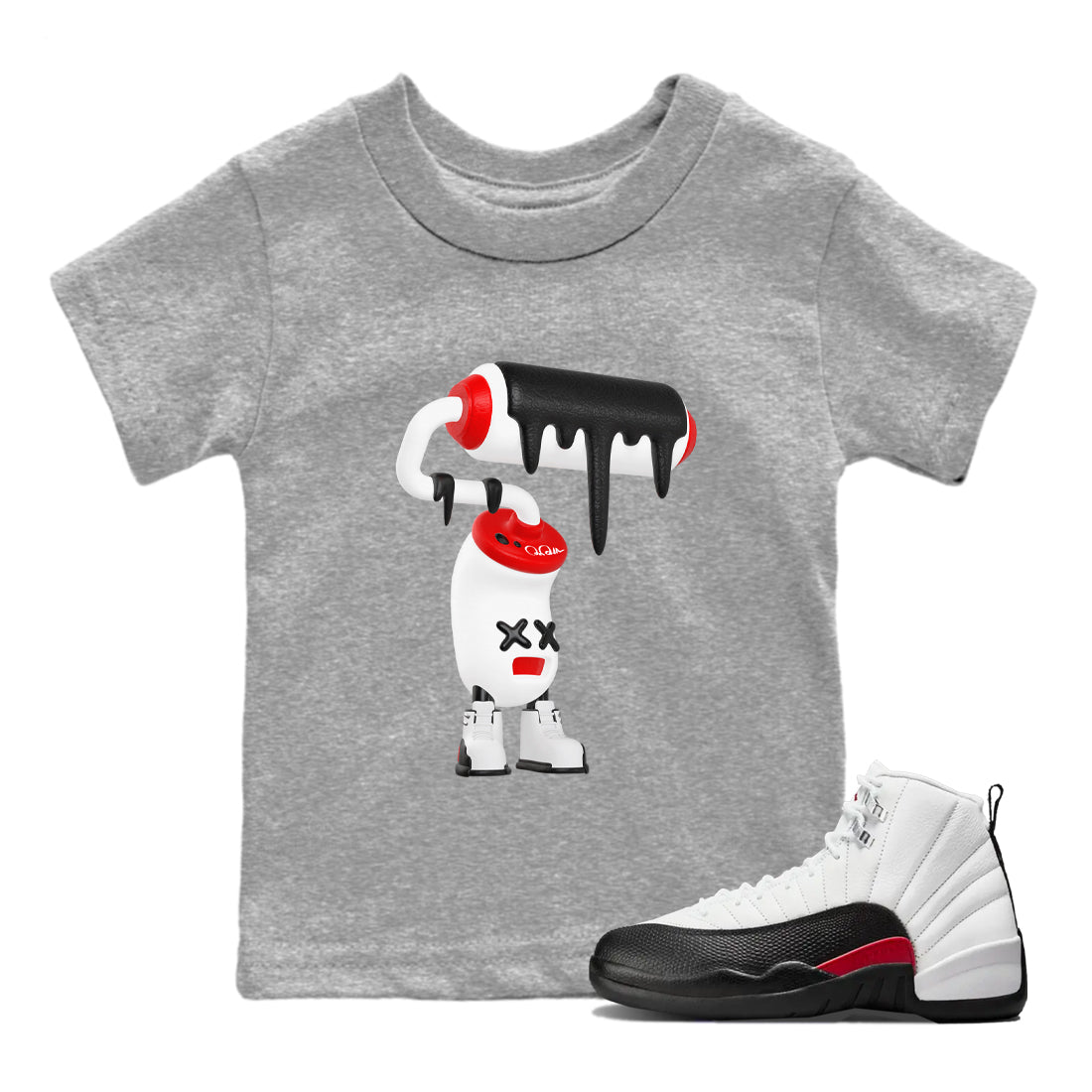 12s Taxi Flip shirts to match jordans 3D Paint Roller sneaker match tees Air Jordan 12 Taxi Flip Drip Gear Zone streetwear brand Baby and Youth Heather Grey 1 cotton tee