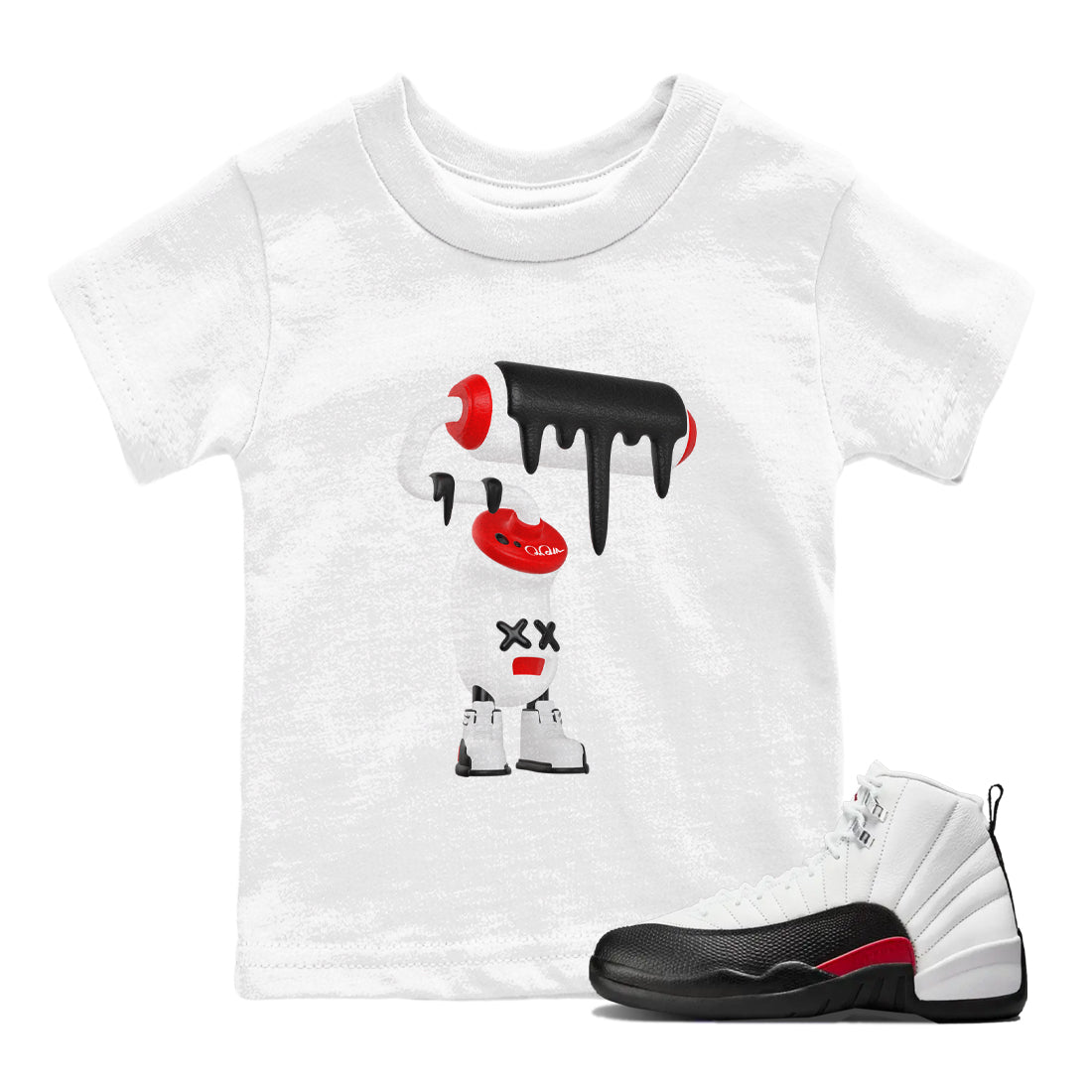 12s Taxi Flip shirts to match jordans 3D Paint Roller sneaker match tees Air Jordan 12 Taxi Flip Drip Gear Zone streetwear brand Baby and Youth White 1 cotton tee