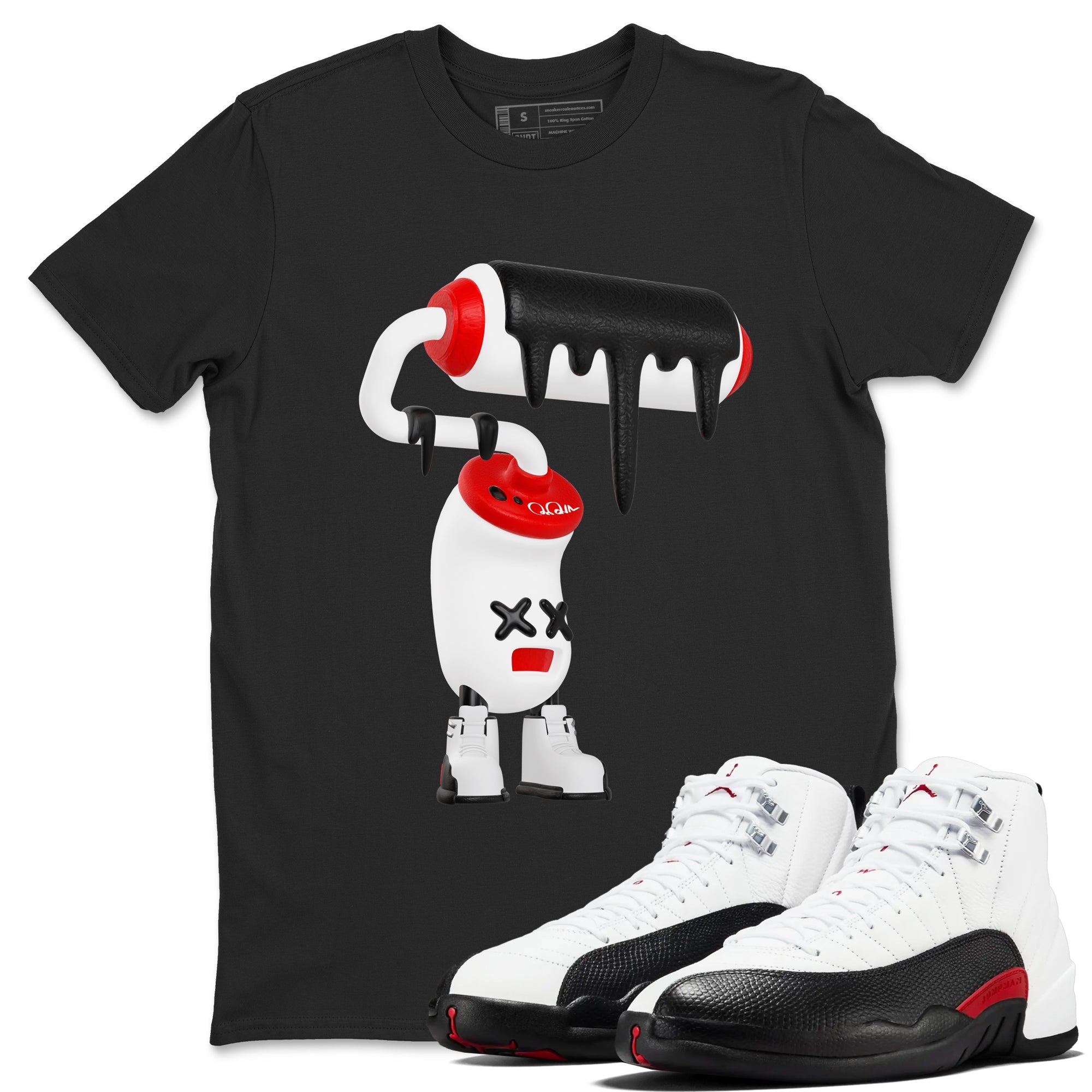 12s Taxi Flip shirts to match jordans 3D Paint Roller sneaker match tees Air Jordan 12 Taxi Flip Drip Gear Zone streetwear brand Black 1 unisex cotton tee